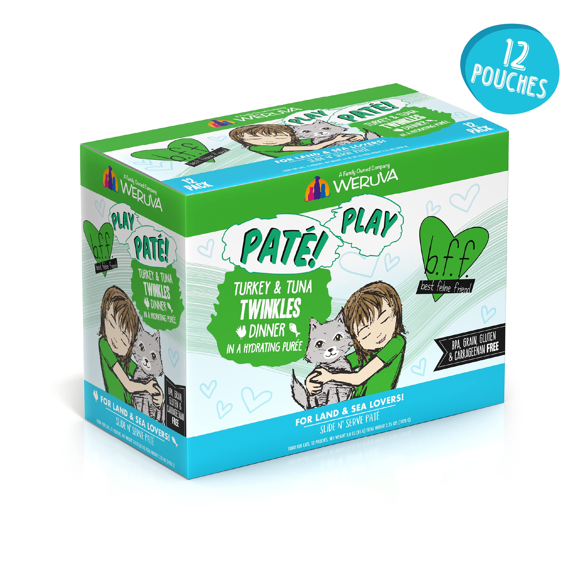 Weruva B.F.F. Play - Best Feline Friend Pat   Lovers, Aw Yeah!, Turkey & Tuna Twinkles with Turkey & Tuna, 3oz Pouch (Pack of 12