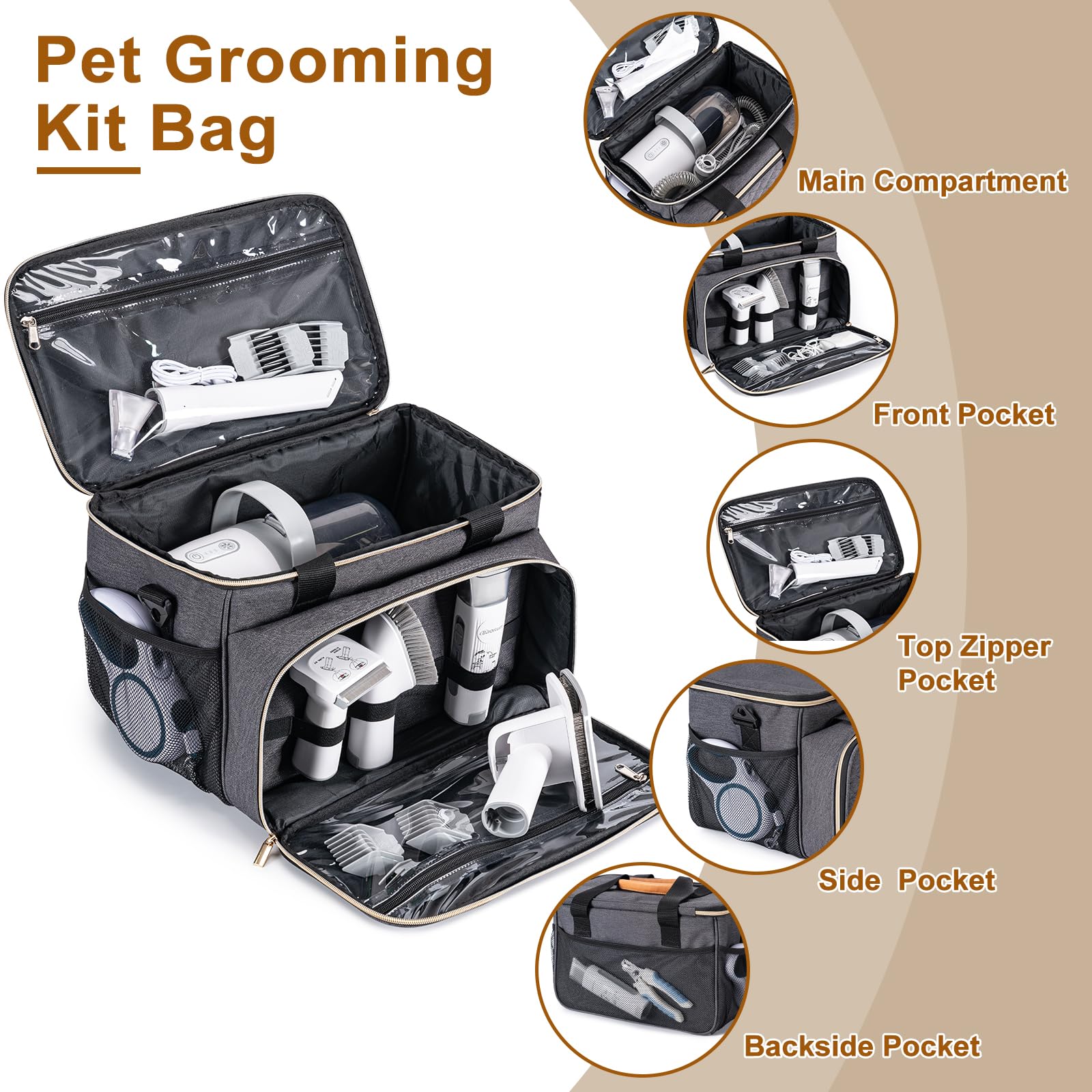 Babeyer Dog Grooming Vacuum Bag, Pet Grooming Kit Bag Perfect For Dog Hair Vacuum & Grooming Tool Kit Accessories- Grey