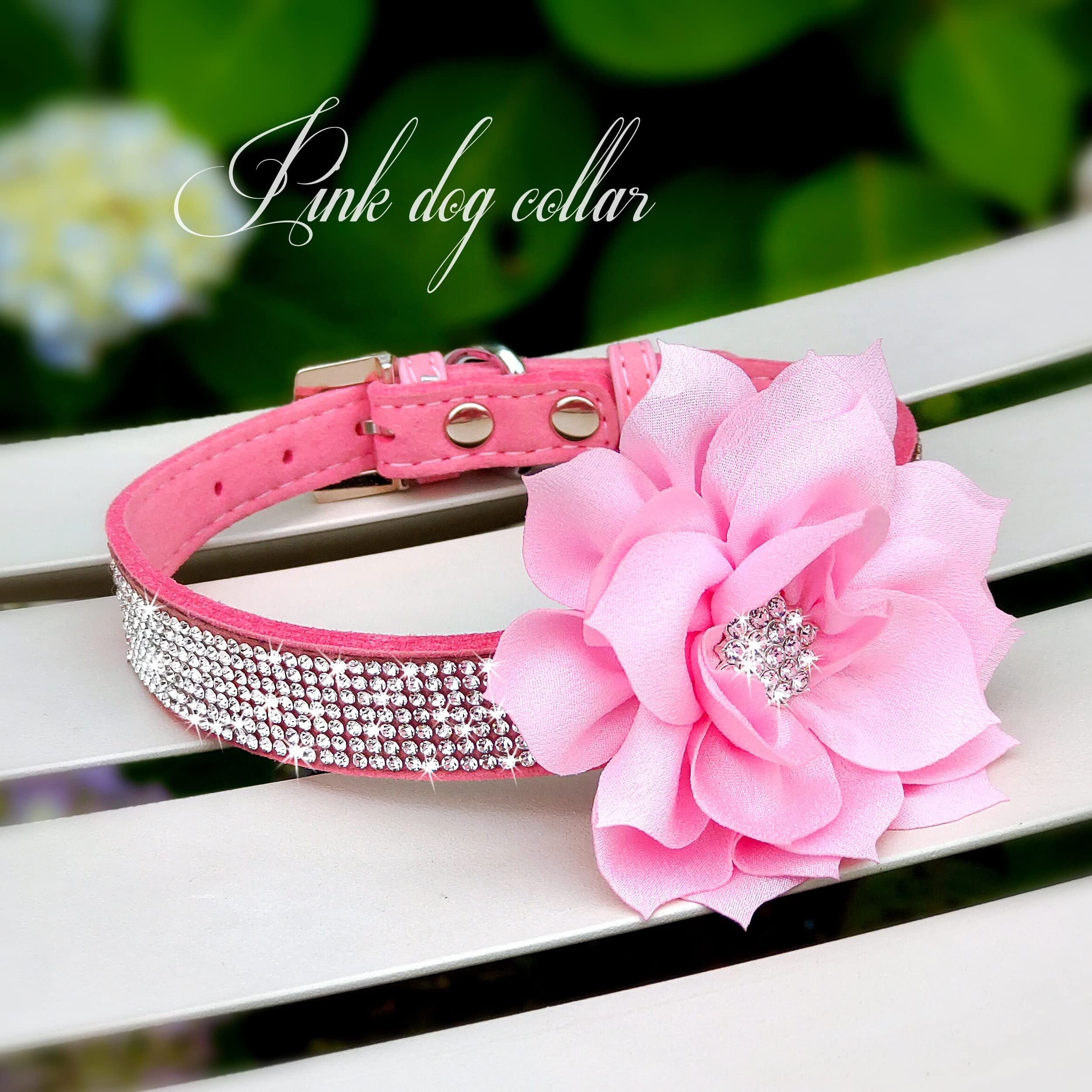 Pet Artist Cute Girl Rhinestone Suede Dog Collars For Small Dogs Cats,Soft Flower Dog Collar,Bling Dog Collars For Small Puppy Dogs Pink Collar, M:Neck 12-14.5'(31-37Cm)