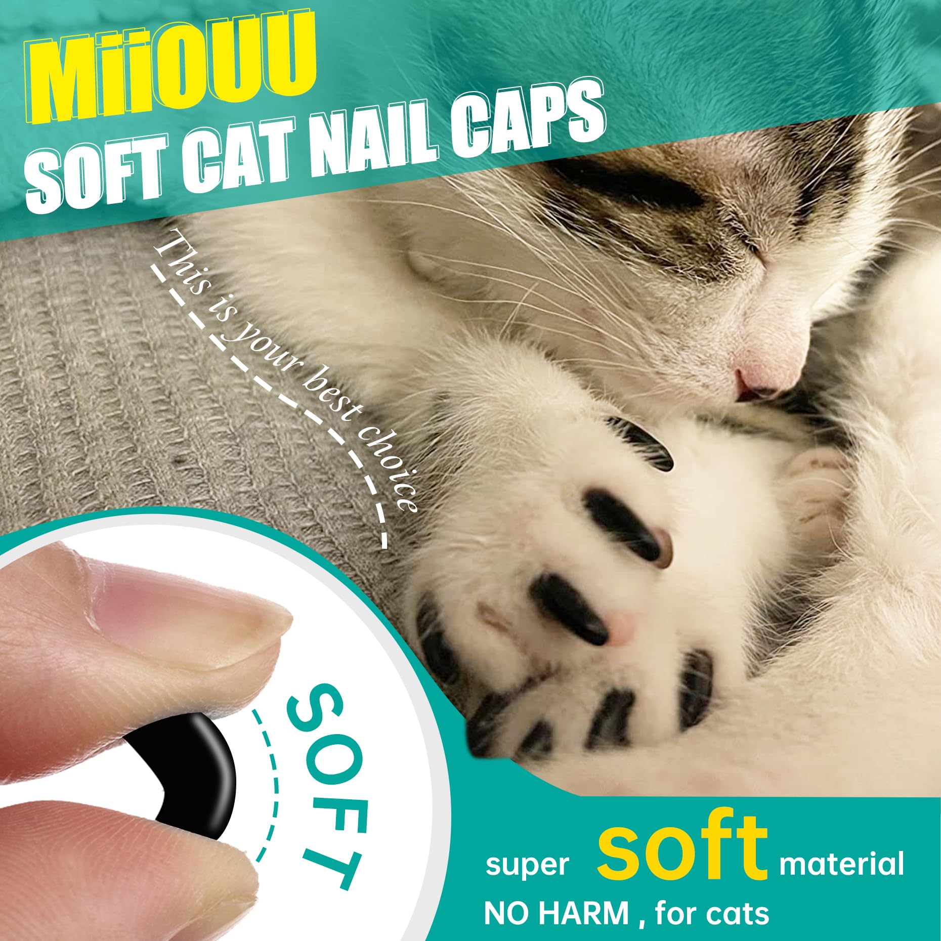 Miiouu 100 Pcs Cat Nail Caps | Cat Claw Covers With Adhesives And Applicators | Black (L)