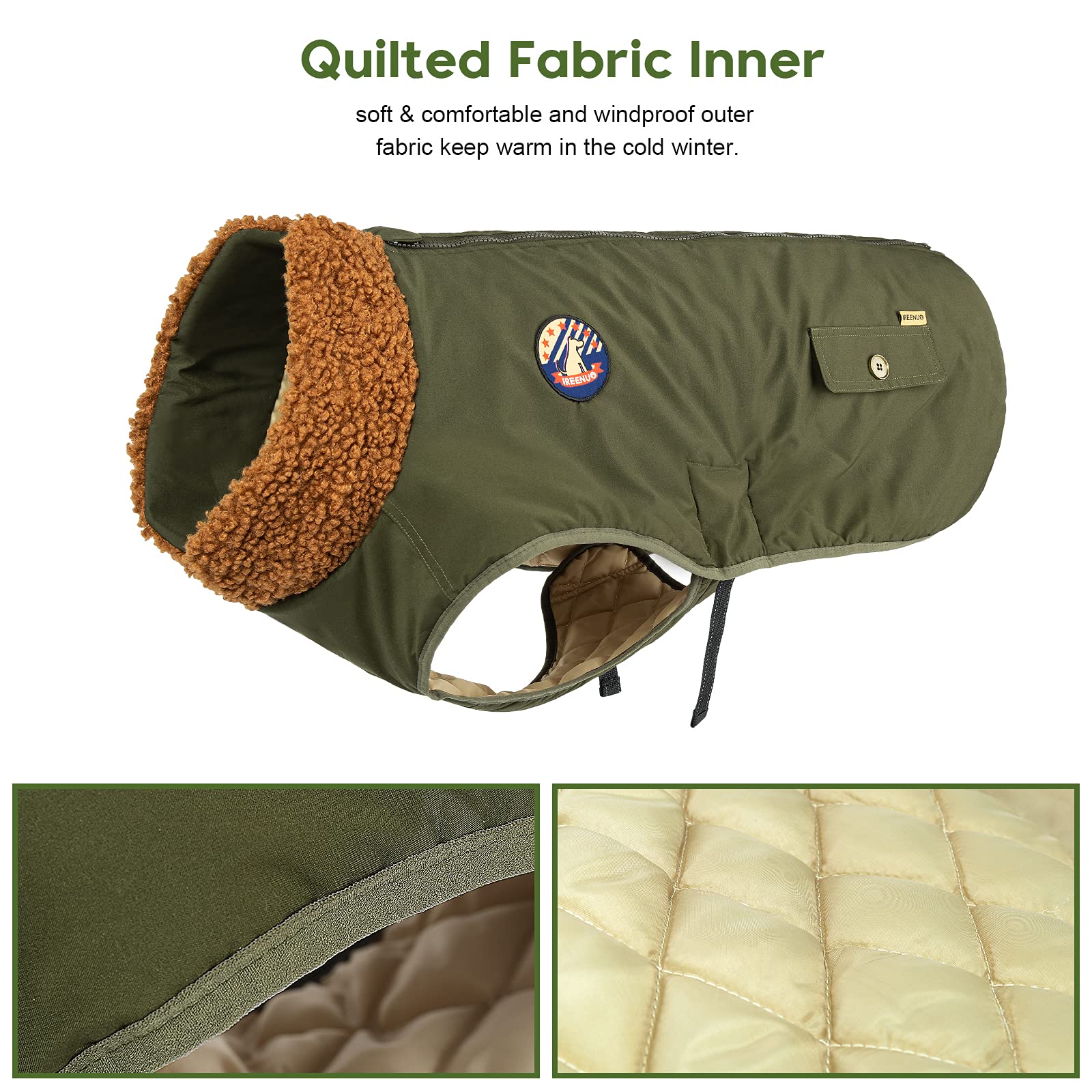 IREENUO Dog Coat - Waterproof Jacket for Medium Large Dogs, Cozy Cotton Fur Nylon, 3XL, Green, Model JX-DE-DOG FLIGHT SUIT