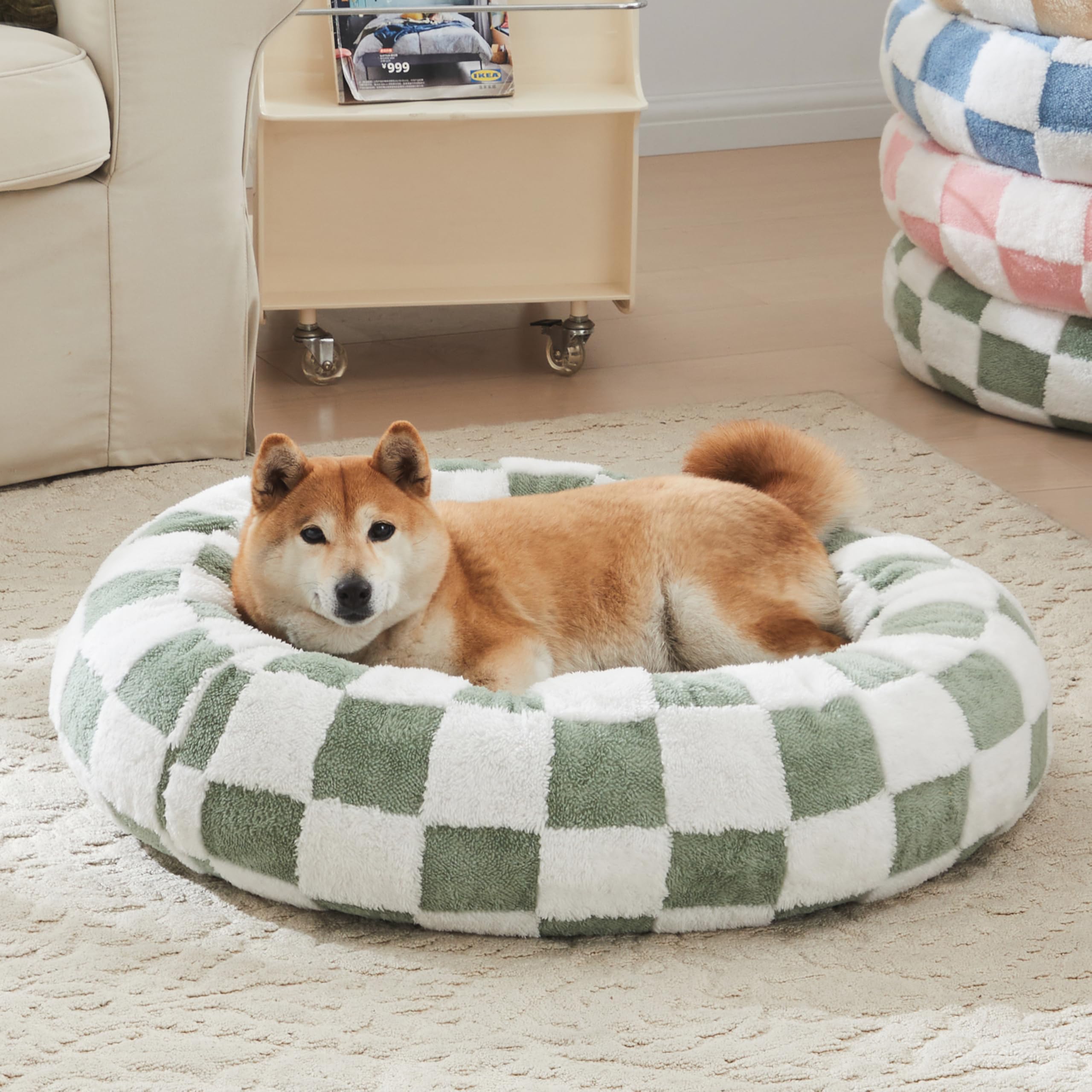 Ohocut Checkered Dog Bed, Cute Sage Green Retro Style Aesthetic Round Warming Pet Calming Beds For Small Dog And Cats, Plush Coz