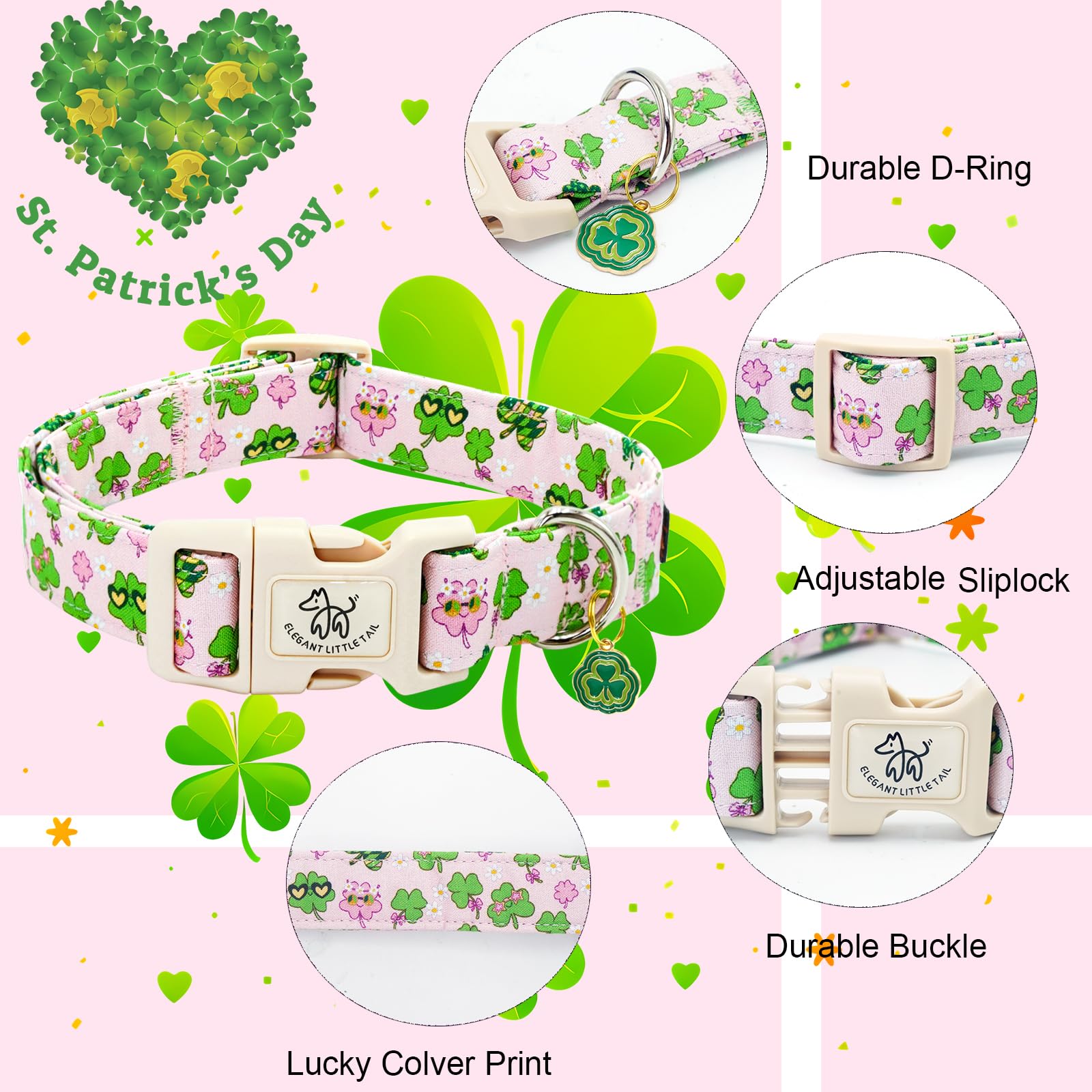 Elegant Little Tail St Patrick'S Dog Collar-Cute Colver Cotton Shamrock Pet Collar Trefoil Pink Holiday Adjustable Cotton Pet Co