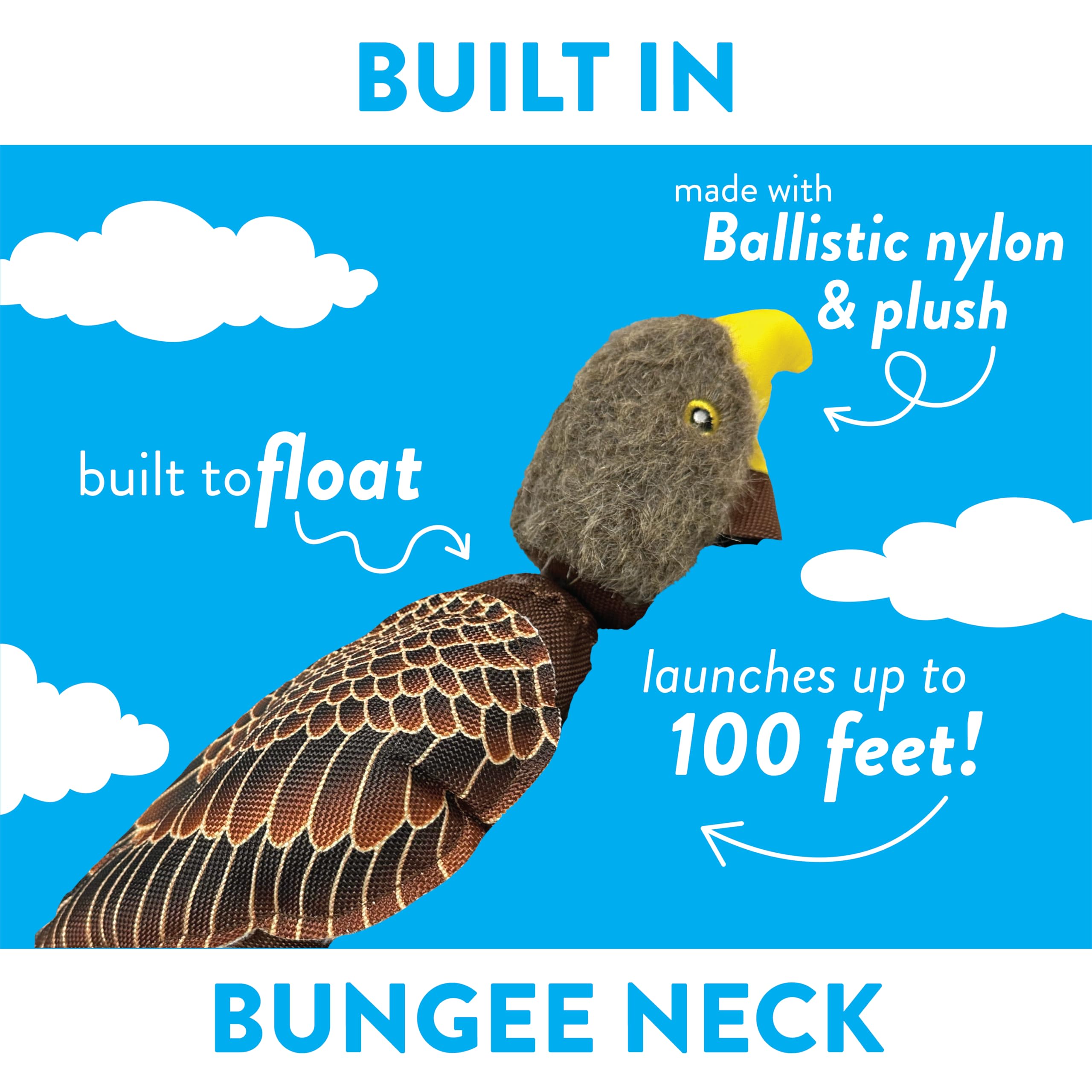 Spunky Pup Fly & Fetch Plush Eagle Dog Toy | Interactive 100 Ft Sling Shot Launcher With Built-In Bungee | Pull Back & Release | Durable Construction | Ballistic Fabric | Floats | For Medium Breeds
