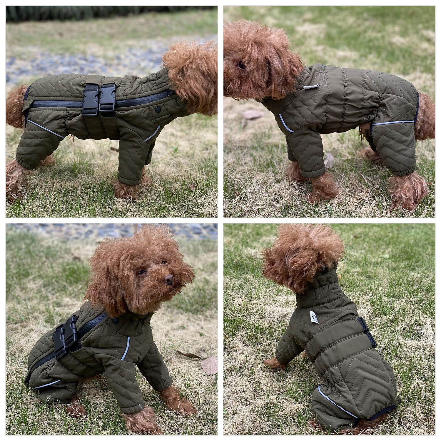 Warm Dog Coat Double Layers Dog Vest, 4 Legs Covered Windproof Waterproof Reflective, Olive L
