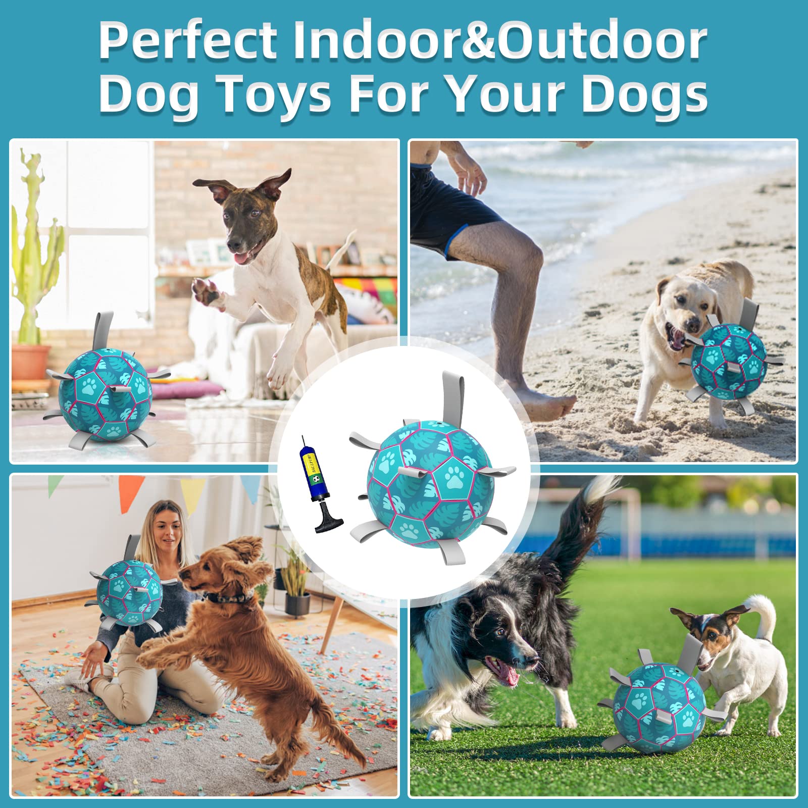 Qdan Dog Toys Soccer Ball, Interactive Dog Toys For Tug Of War, Puppy Birthday Gifts,Dog Tug Toy, Dog Water Toy, Durable Dog Balls For Small & Medium Dogs-Lake Blue(8 Inch)