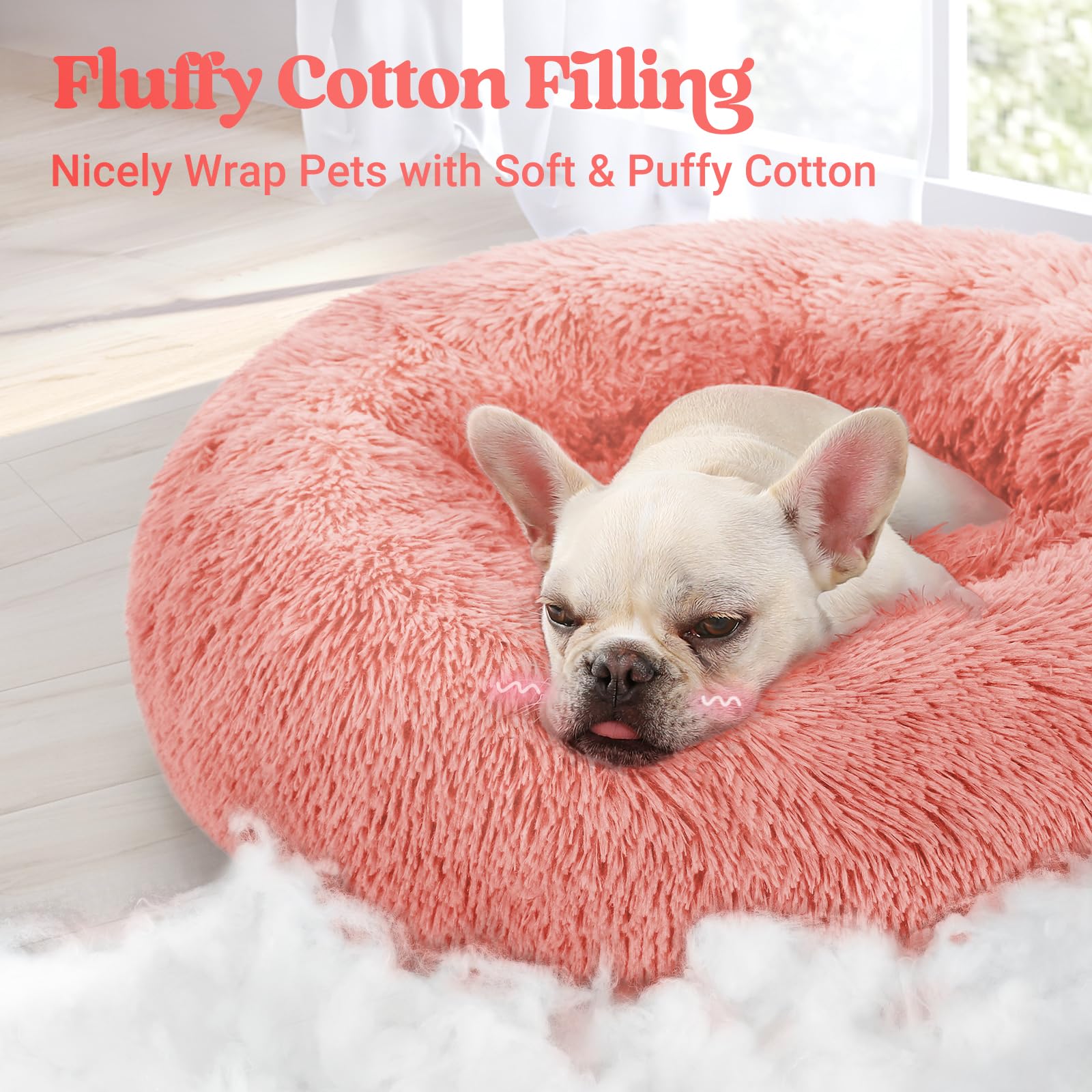 Rabbitgoo Cat Beds For Indoor Cats, 24 Inches Cat Bed Machine Washable, Fluffy Round Pet Bed Non-Slip, Calming Soft Plush Donut Cuddler Cushion Self Warming For Small Dogs Kittens, Pink, Large