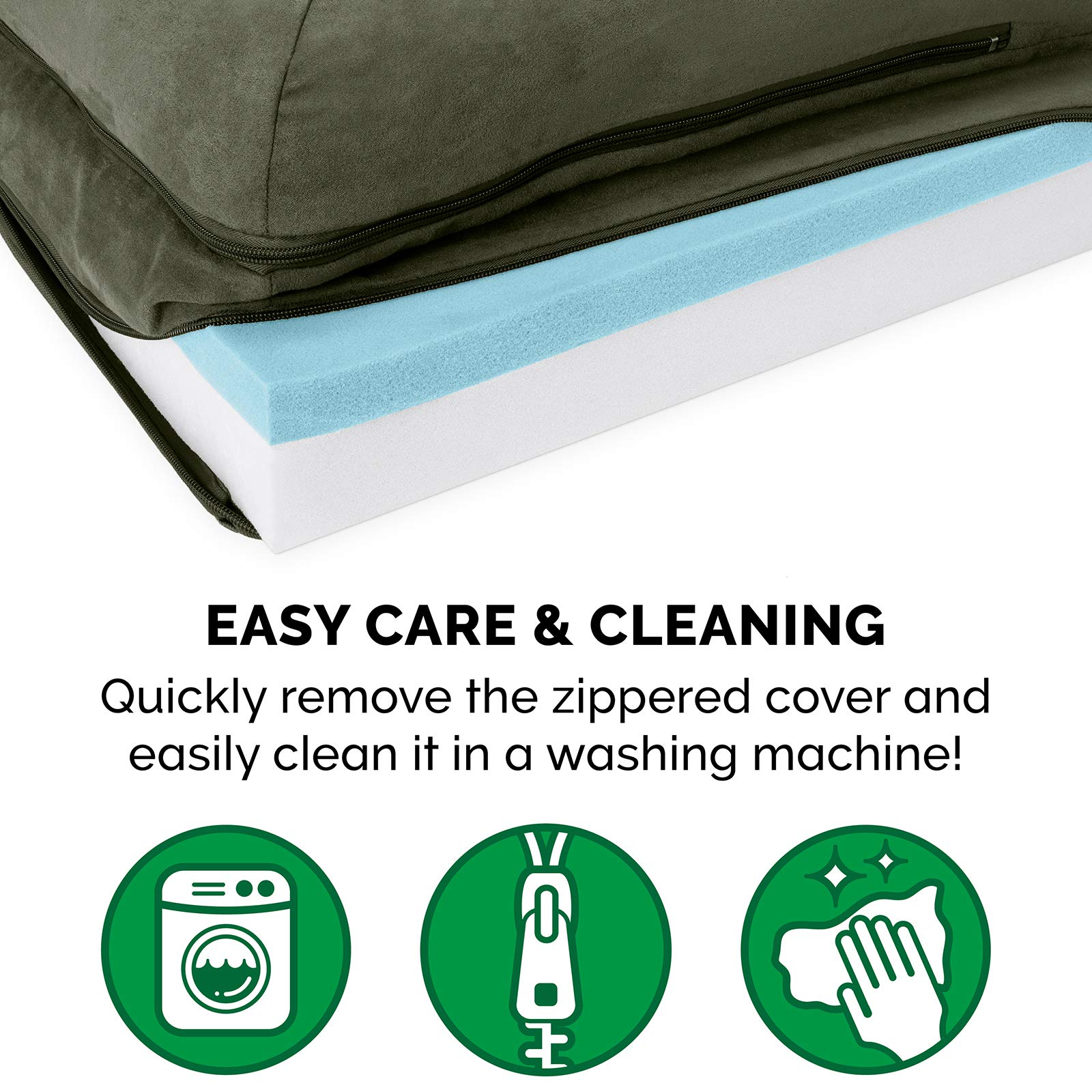 Furhaven Cooling Gel Dog Bed For Large Dogs W/ Removable Bolsters & Washable Cover, For Dogs Up To 95 Lbs - Two-Tone Plush Faux Fur & Suede L Shaped Chaise - Dark Sage, Jumbo/Xl
