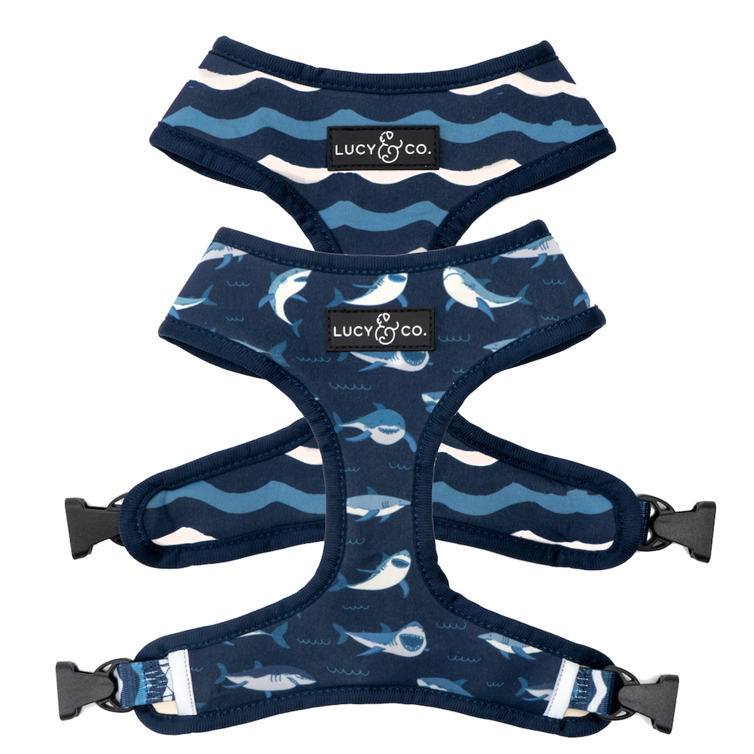 Lucy & Co. Shark Attack, Reversible Dog Harness Walking Halter - Harnesses for Small Medium Large XL Dogs - Padded Adjustable - 