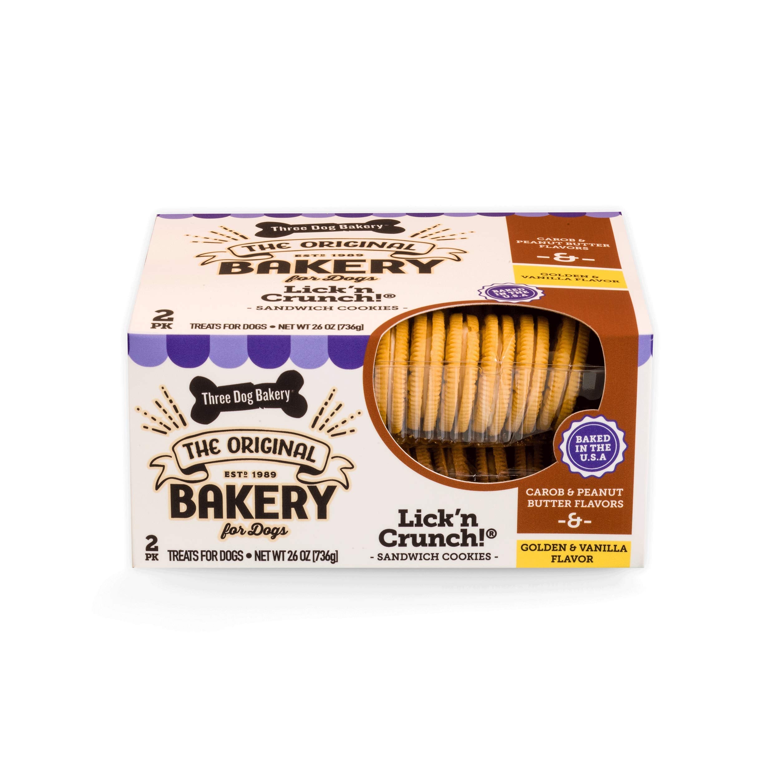 Three Dog Bakery Lickn Crunch Sandwich Cookies Premium Dog Treats with No Artificial Flavors, Carob/Peanut Butter, Golden/Vanil