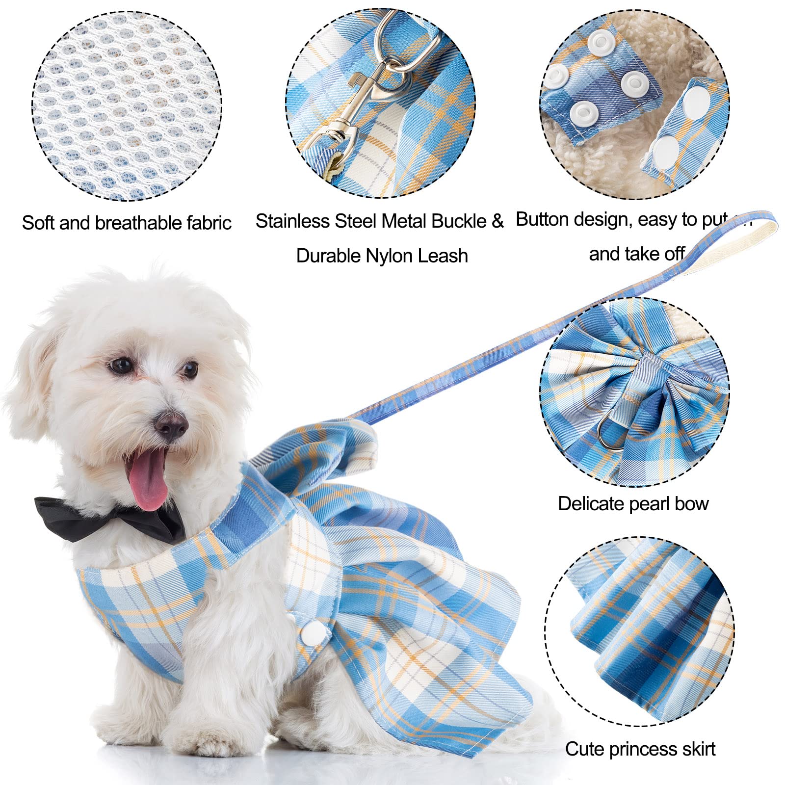 4 Pcs Plaid Dog Dress Bow Tie Harness Leash Set Harness Dress For Small Dogs Cute Dog Pet Girl Puppy Summer Clothes For Female Summer Bunny Rabbit Clothes Yorkie Chihuahua Training Walking (L)
