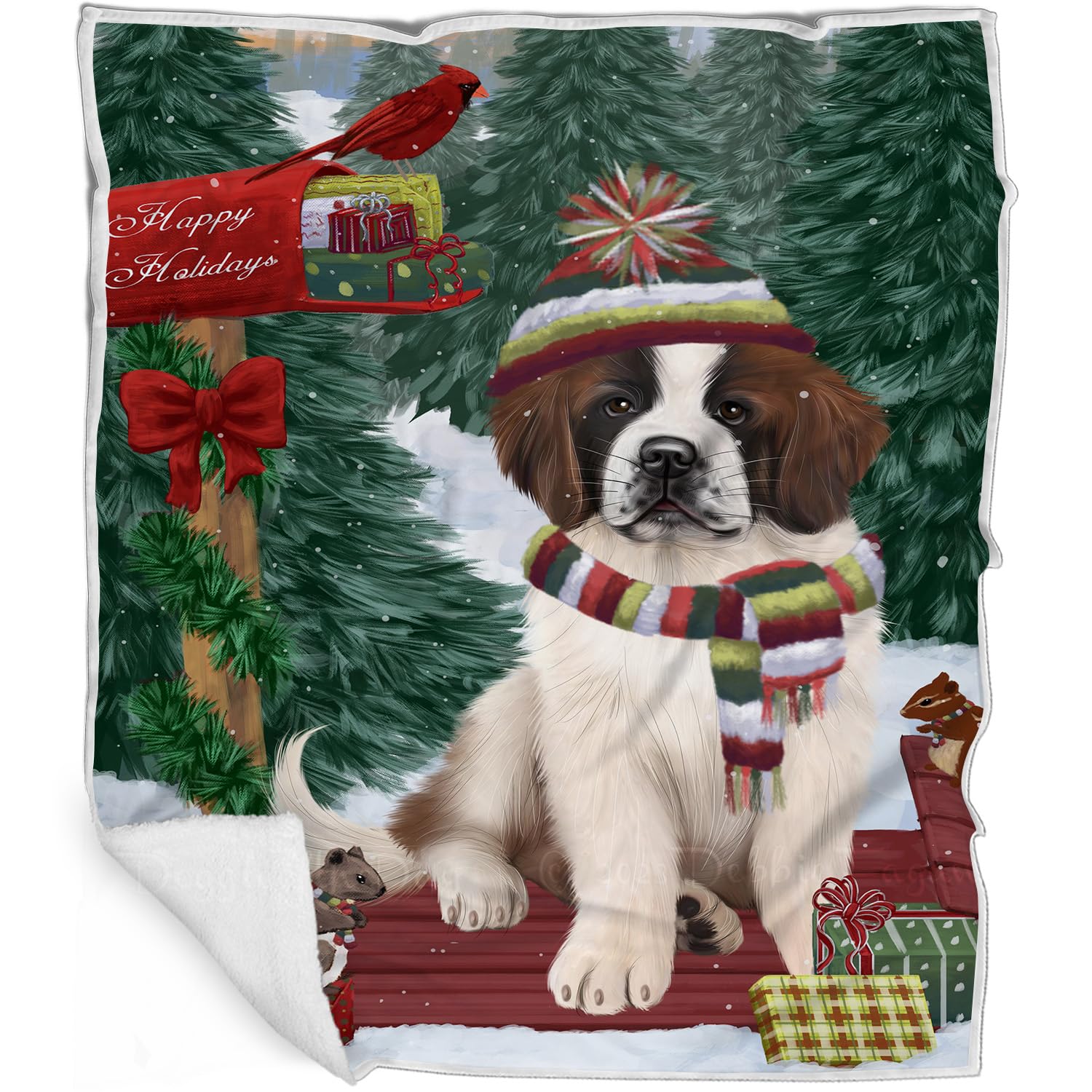 Saint Bernard Dog Blanket  Merry Christmas Woodland Sled  Super Soft & Warm Pet Theme for Sofa or Bed, Warm Fleece, Sherpa or 