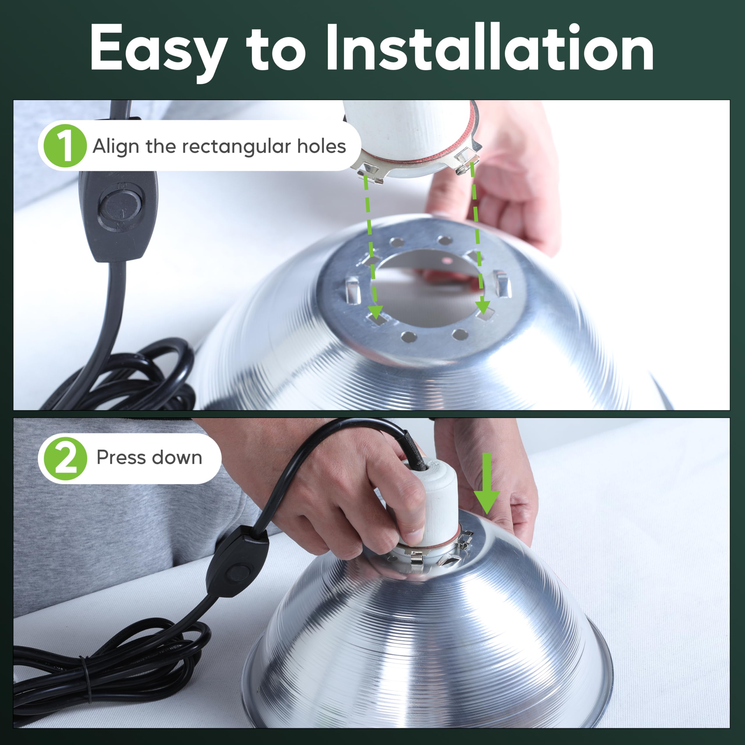 Healsmart 10.5'' Clamp Light Socket And Bulb Guard, 250-Watt Maximum With 6 Feet 18/2 Spt-2 Cord, Aluminum Reflector E26 (No Bul