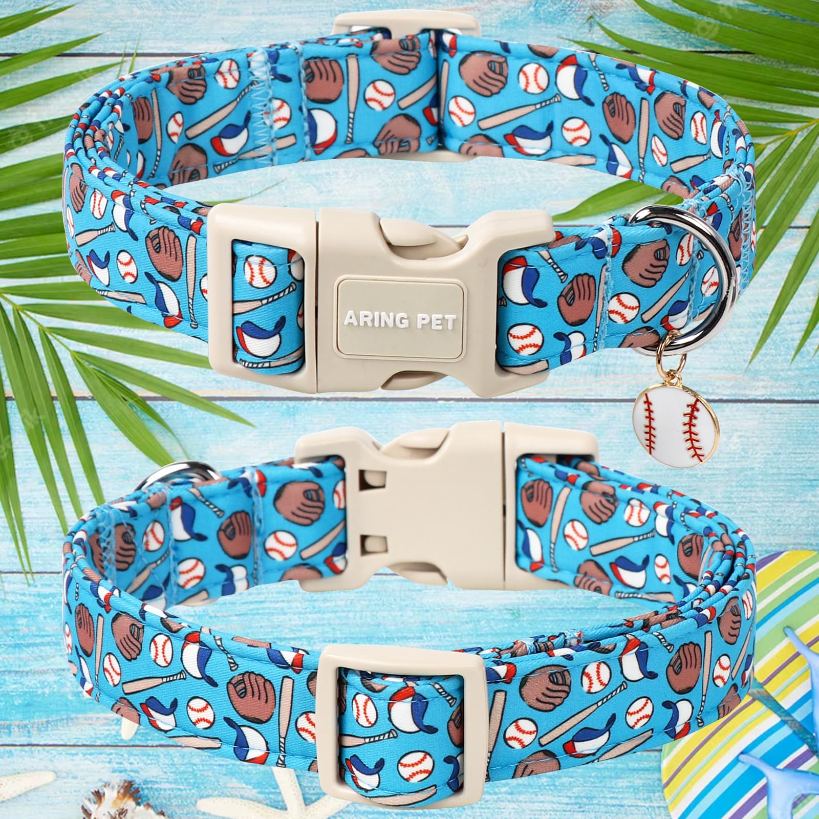 Aring Pet Baseball Dog Collar-Cute Summer Blue Dog Colars, Adjustable Baseball Print Pet Collars Puppy Collar With Quick Release