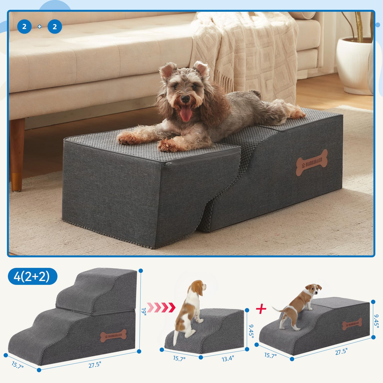 Dog Stairs 4 Steps for Small Dogs and Cats to Get on High Beds, Couch or Car, Pets Can Climb, Sit, Lie Down or Perch to Look Out