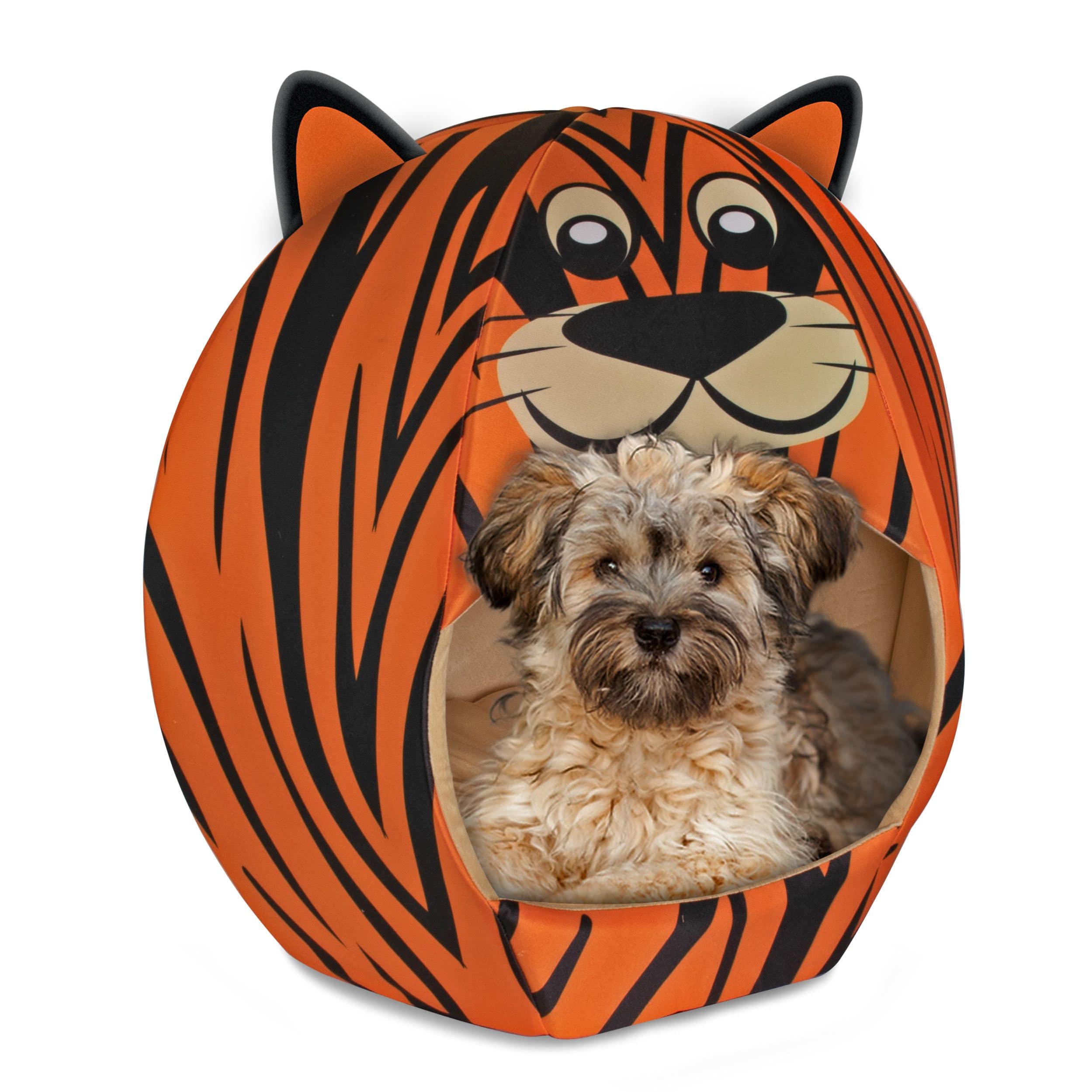 Maccabi Art Tiger Theme Dog Bed - Cute Igloo Style Pet Bet - Fits Medium Dogs, Puppies, Cats - Pillow Insert With Plush Lined In