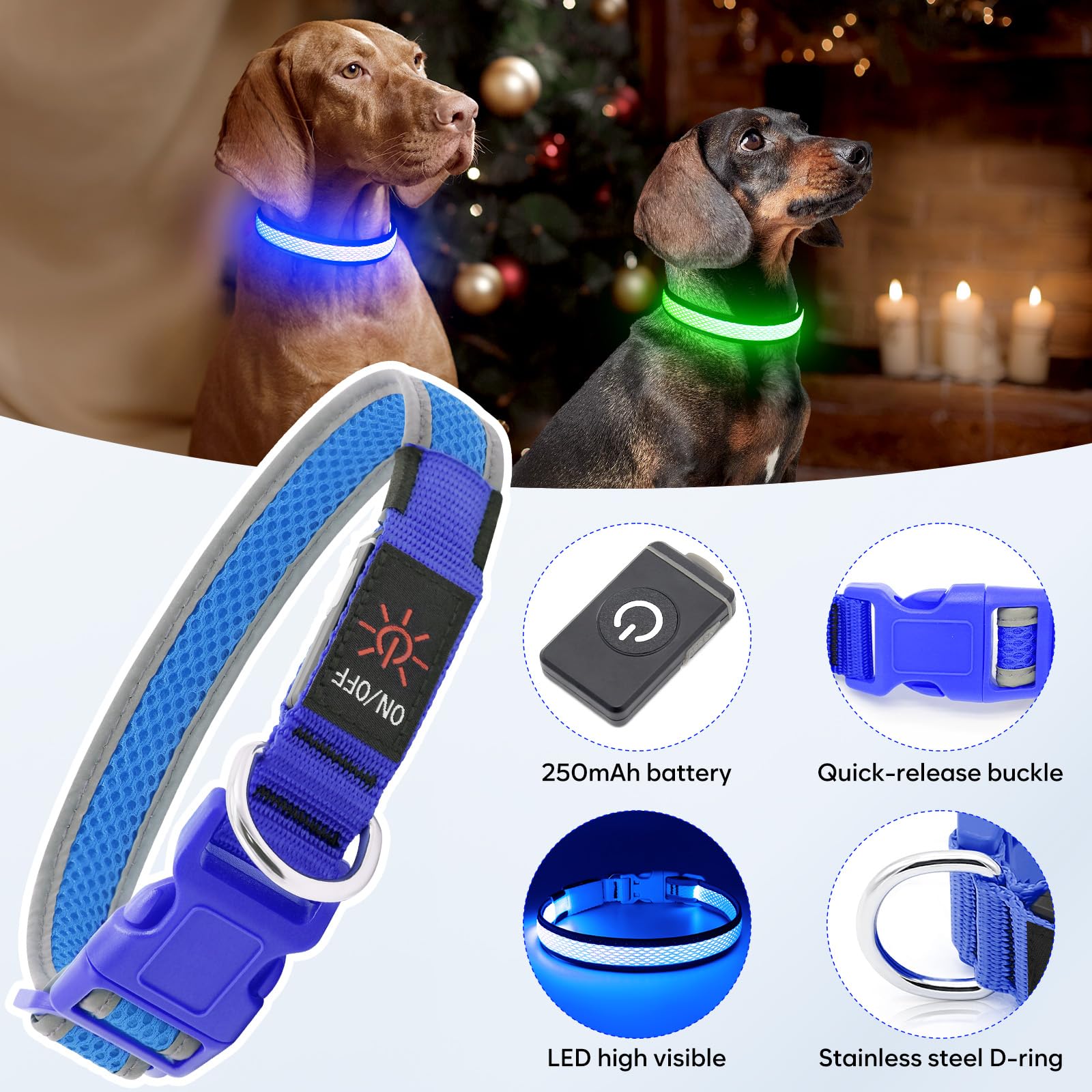 Flashseen Led Dog Collar,Usb Rechargeable Light Up Dog Collar Lights,Adjustable Comfortable Soft Mesh Safety Dog Collar For Small,Medium,Large Dogs(Large, Royal Blue)
