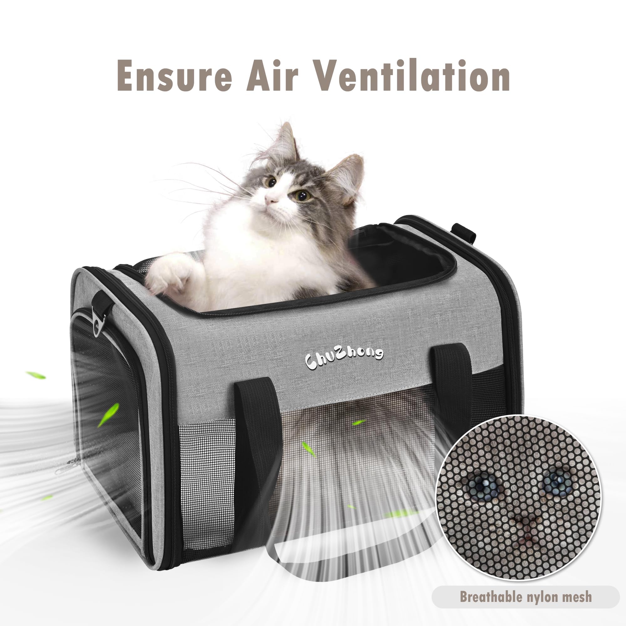 Chuzhong Airline Approved Pet Carrier for Cats & Small Dogs (Up to 18 lbs) - Soft Sided Travel Carrier, Grey, 17"L x 11"W x 11"H