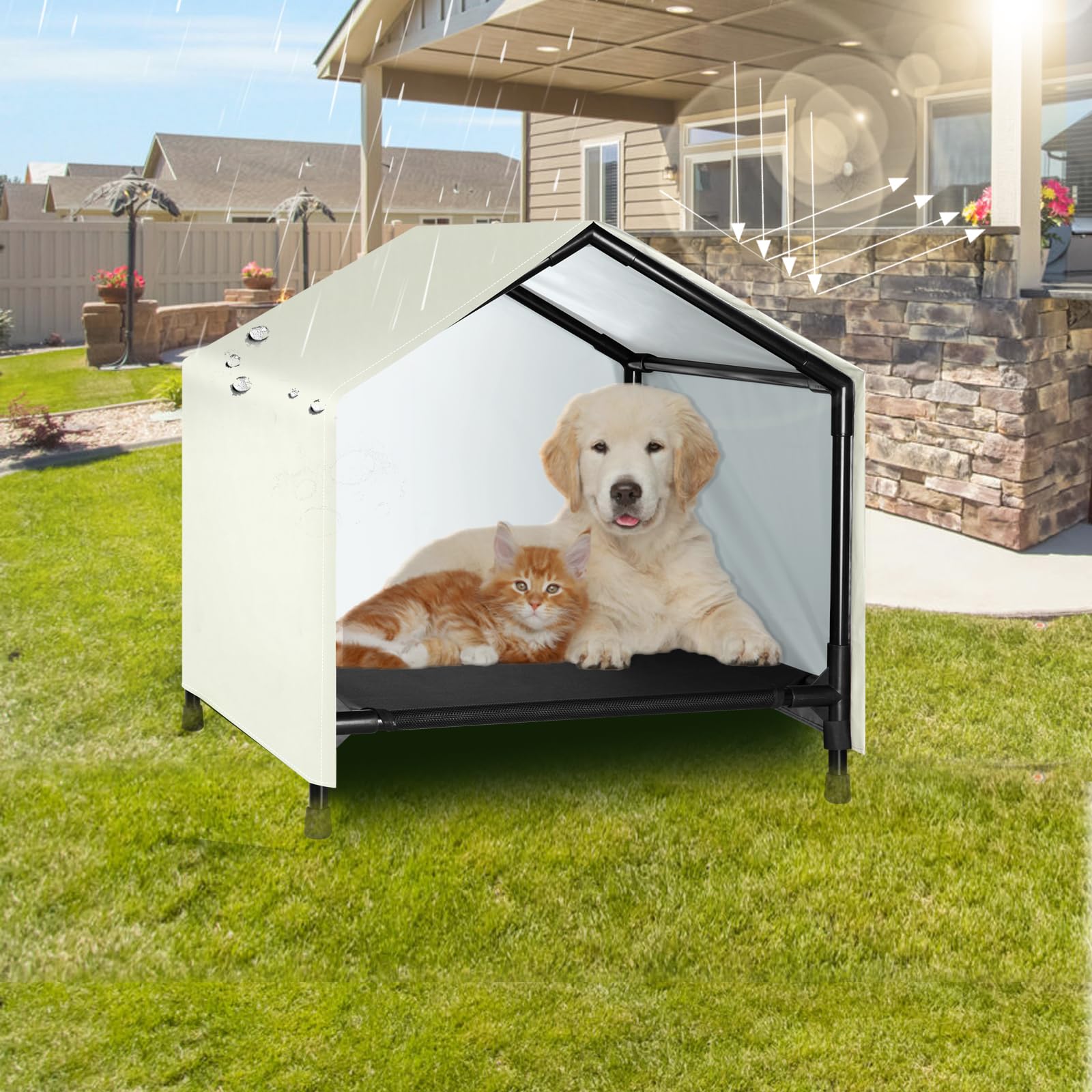 Caredpets Indoor Outdoor Dog House | Elevated Dog Bed With Canopy For Small Medium Dogs Cats, Outside Raised Dog Bed, Waterproof