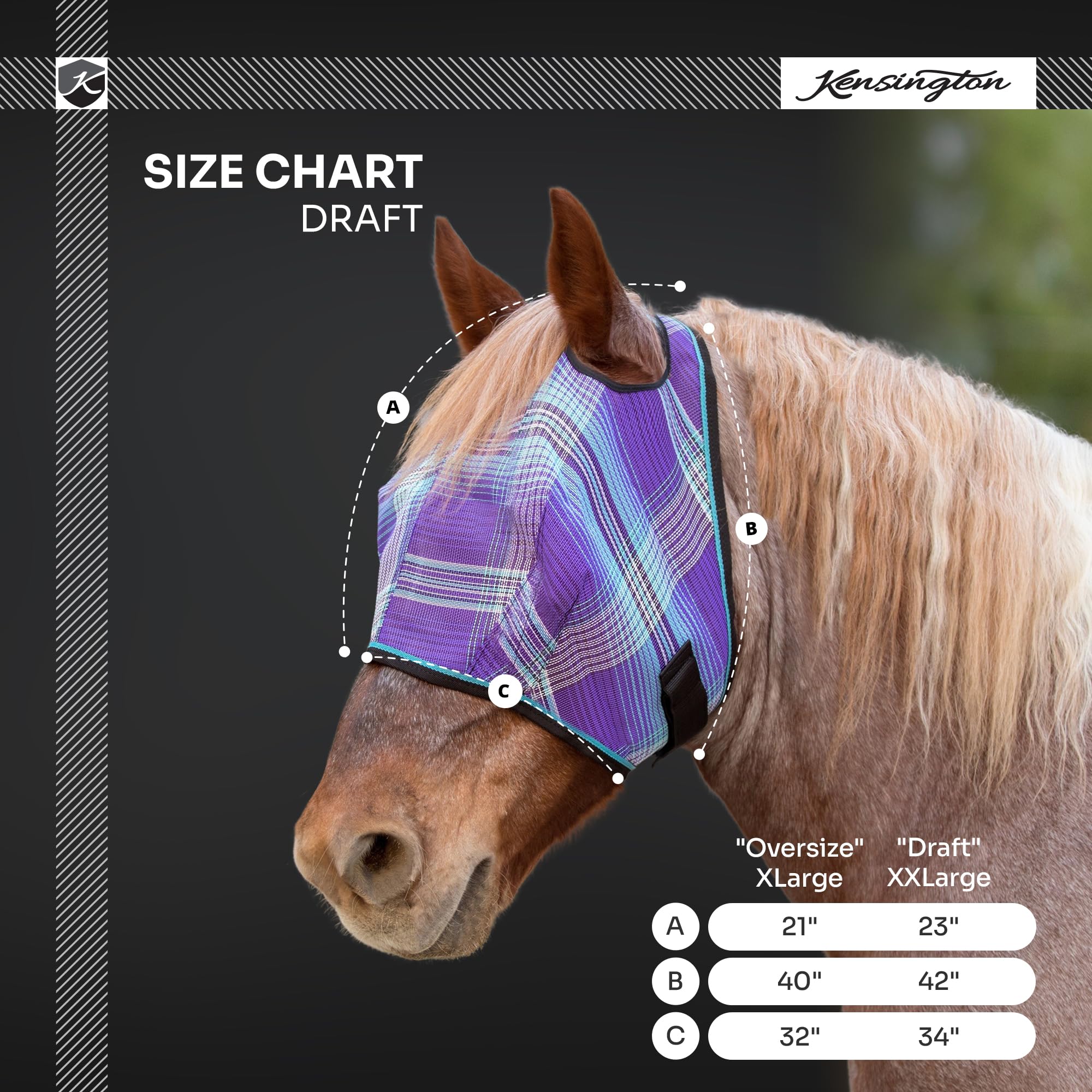Kensington UV Horse Fly Mask with Web Trim - Protective Mask with Dual Ear Opening & Forelock Freedom - XXLarge, Atlantis