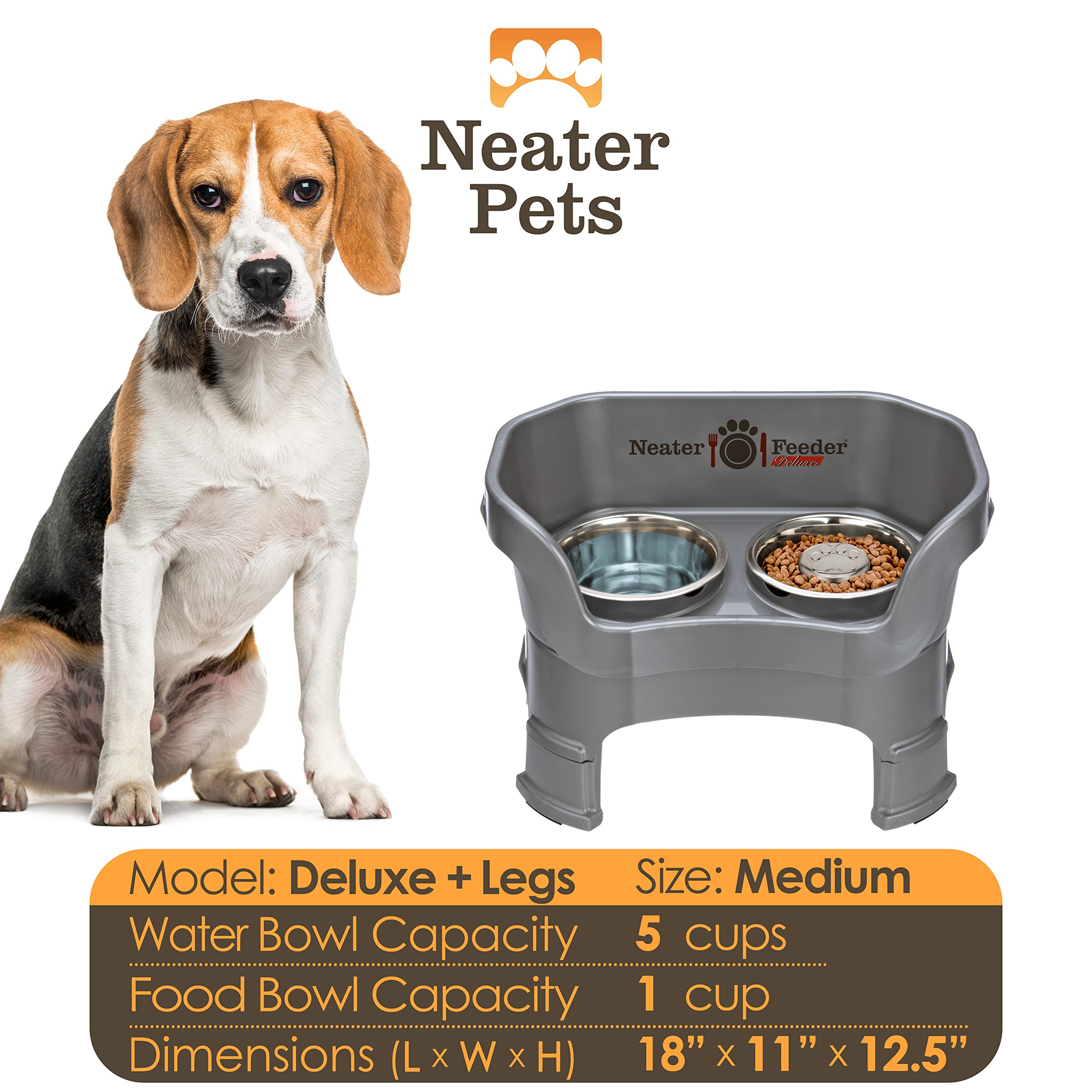 Neater Feeder Deluxe with Leg Extensions (Medium + Slow Feed Bowl Combo, Gunmetal)