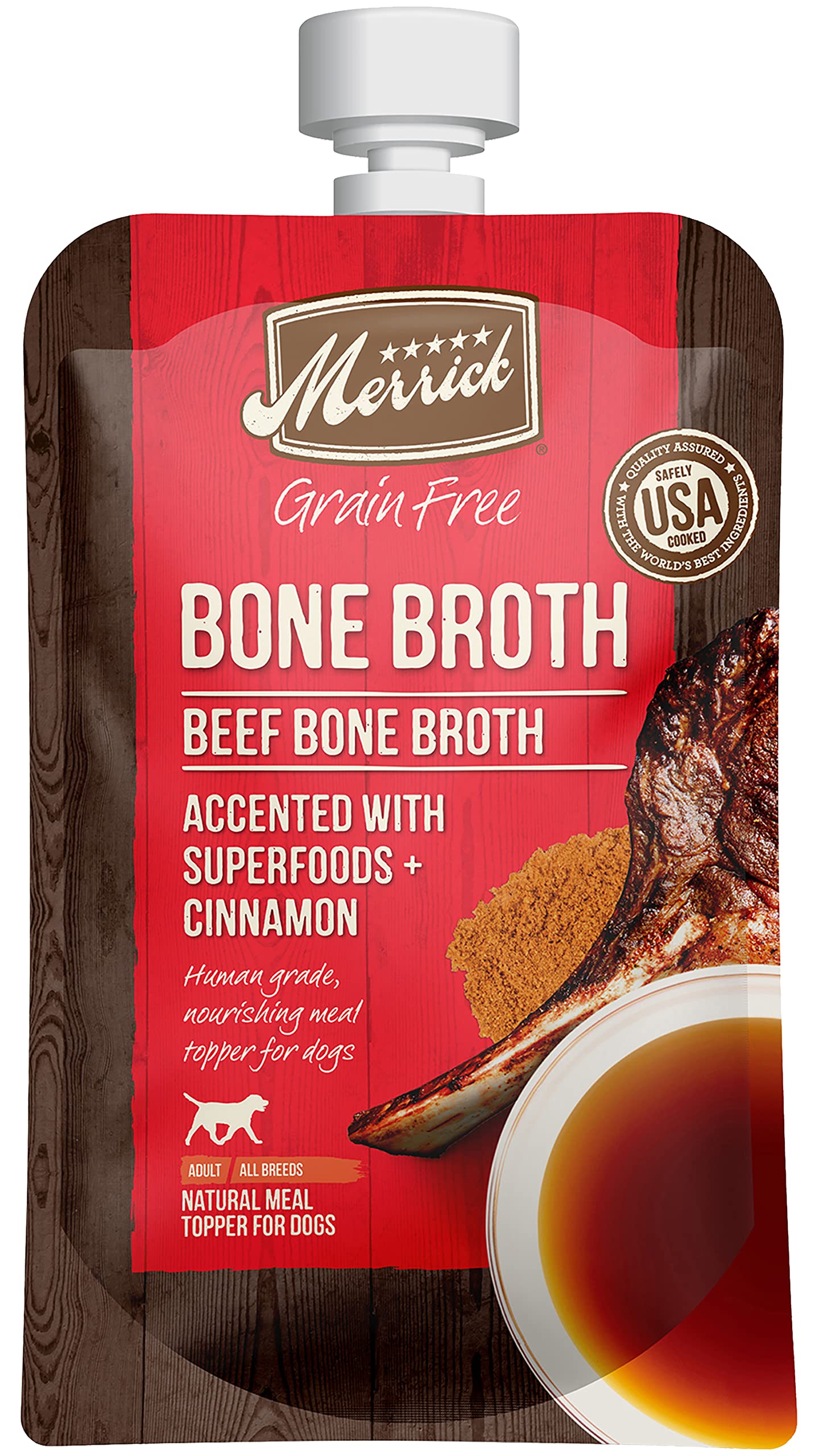 Merrick Grain Free Bone Broth, Premium Human Grade And Gluten Free Dog And Cat Food Topper Pouches, Beef - 7 oz. Pouch