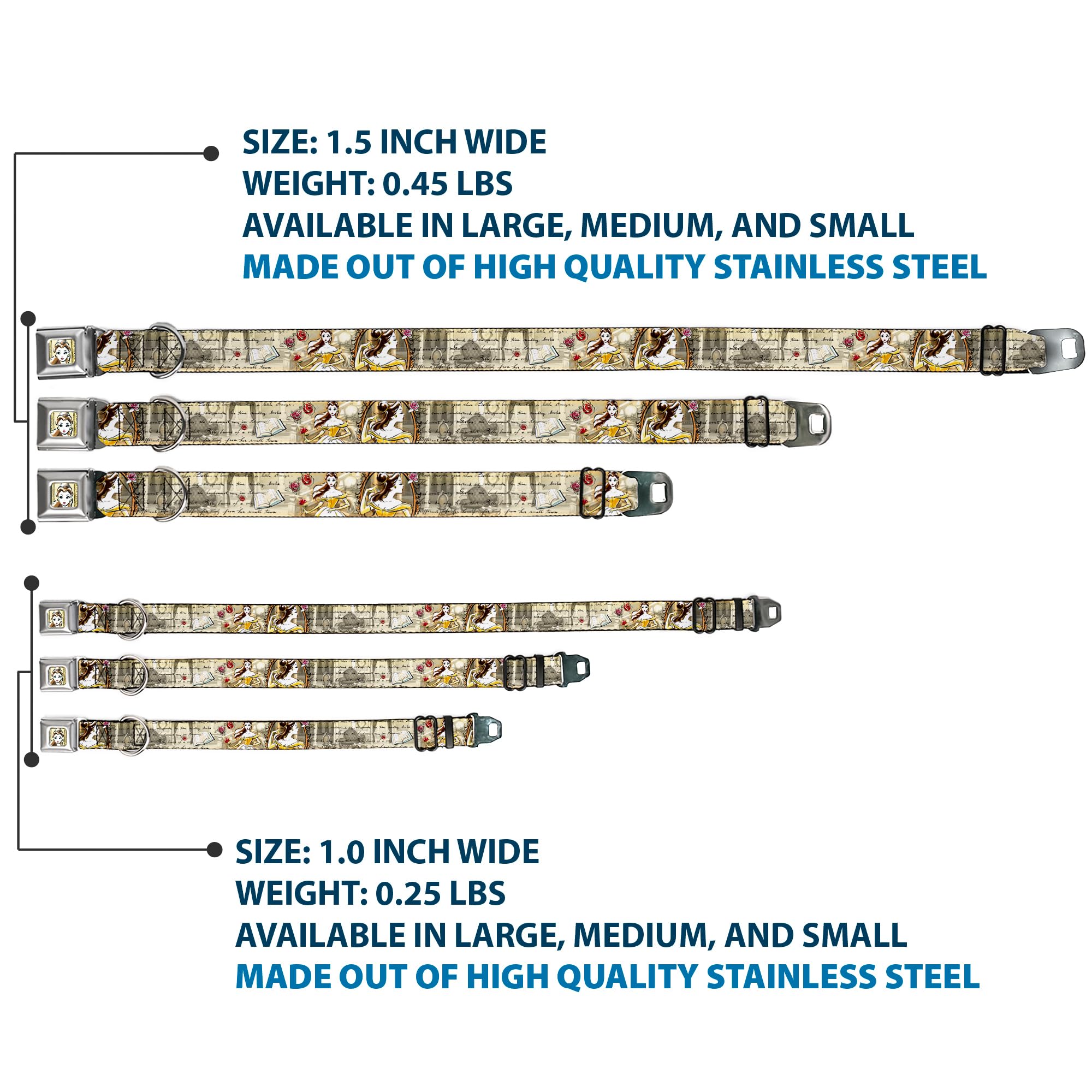 Buckle-Down Seatbelt Buckle Dog Collar - Belle Sketch Poses/Story Script - 1.5' Wide - Fits 18-32' Neck - Large