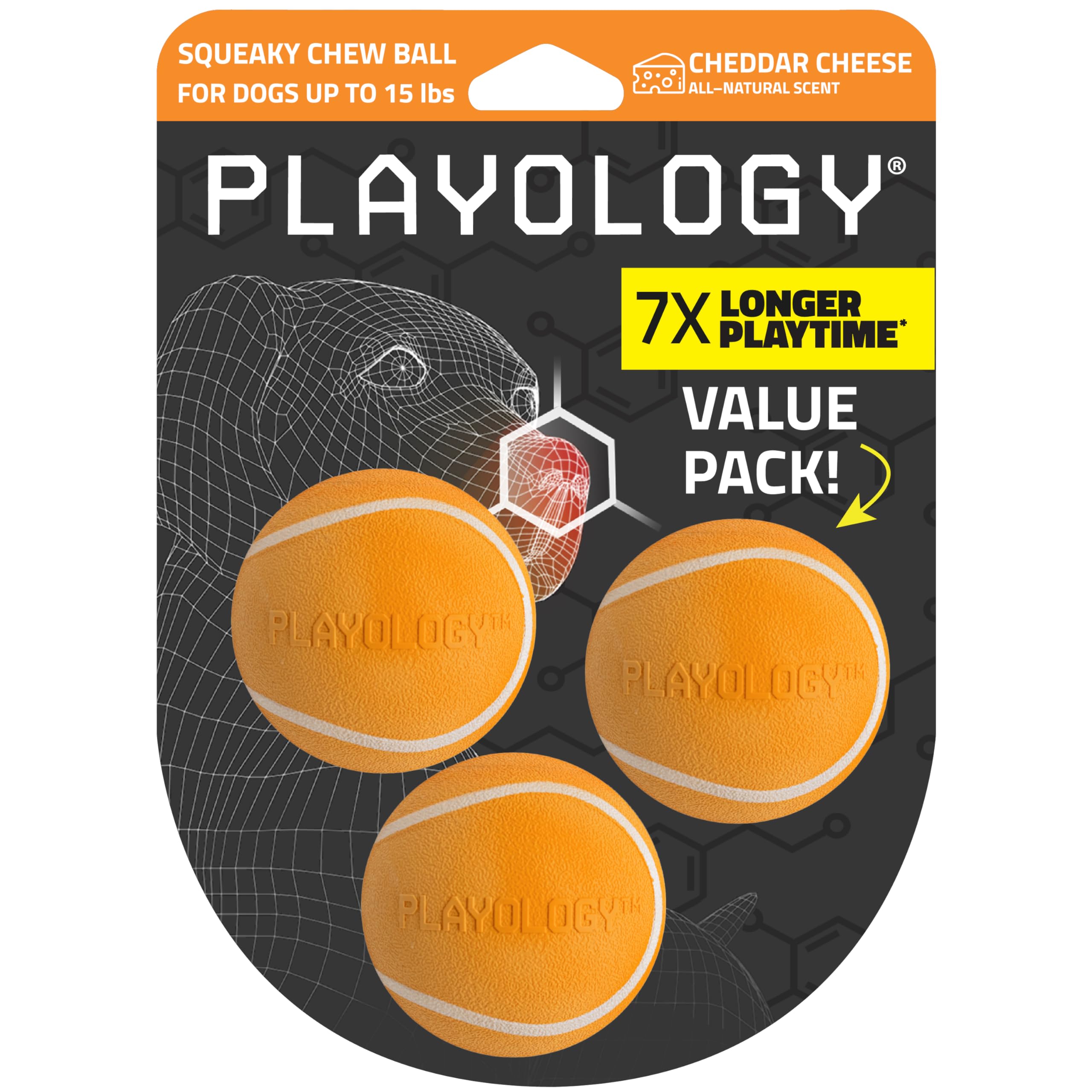 Playology Dog Toys | Squeaky Chew Ball - Bouncy Durable Floating Fetch Ball for Dogs, Value 3-Pack | Small Cheddar Cheese Scente