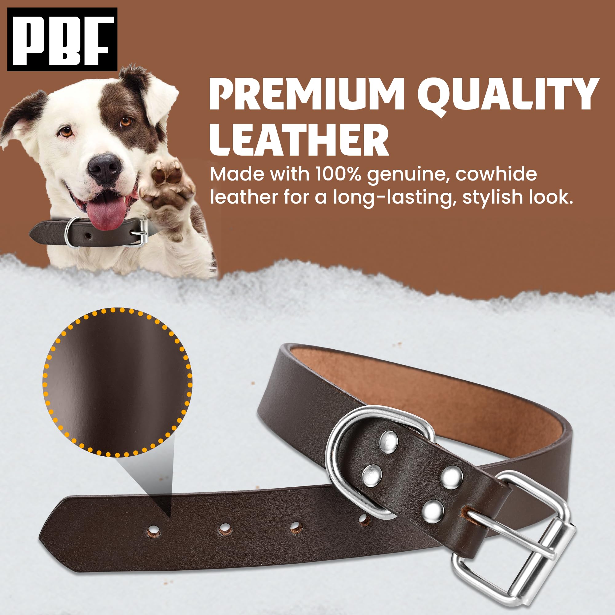 Pbf Genuine Leather Dog Collar - Heavy Duty, Thick And Durable Collar For Small, Medium, Large, And Extra Large Dogs (Brown, Med