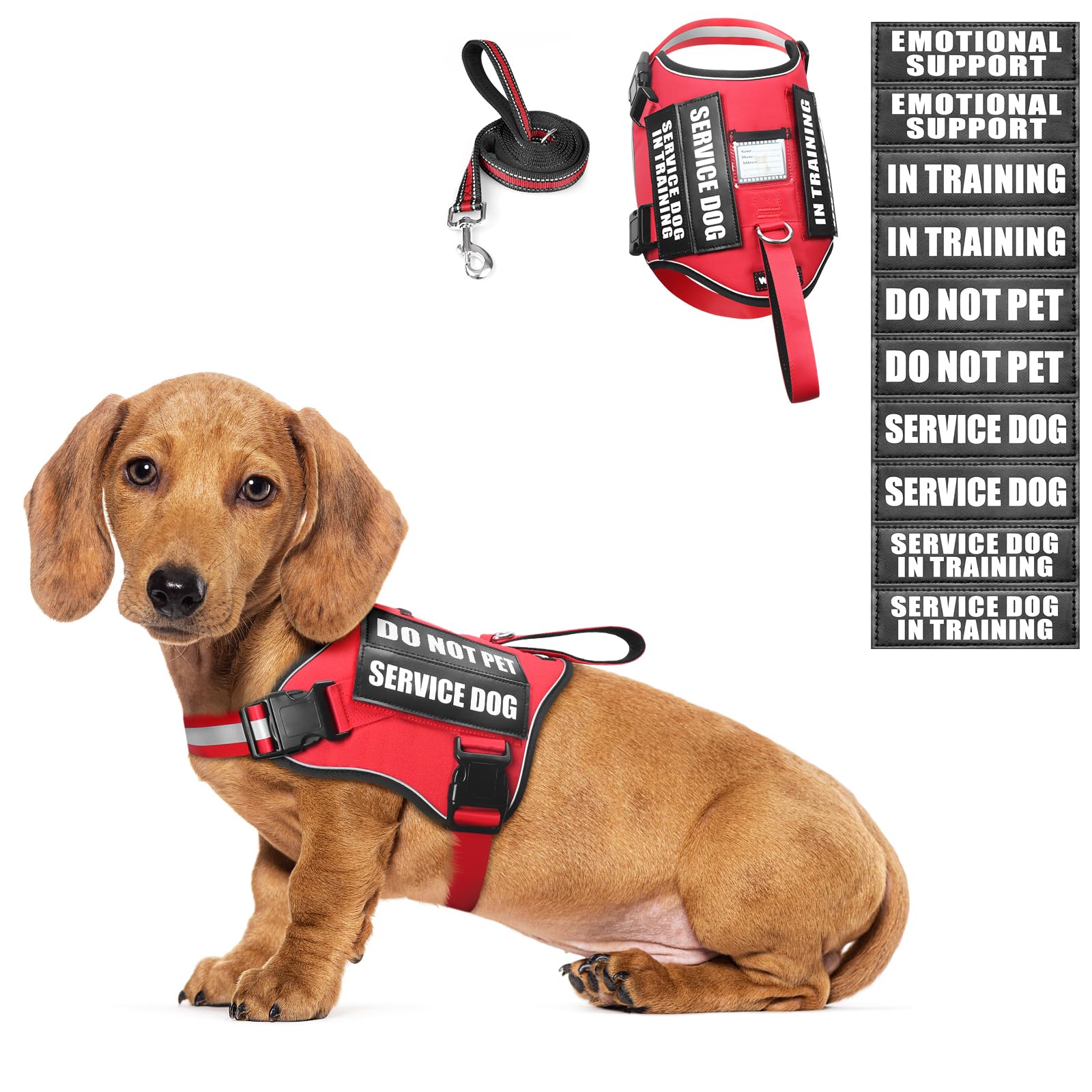 Winsee Small Dog Harness & Leash Set, Red, X-Small, Nylon, Emotional Support Therapy Vest With 10 Patches, Breathable, Adjustabl