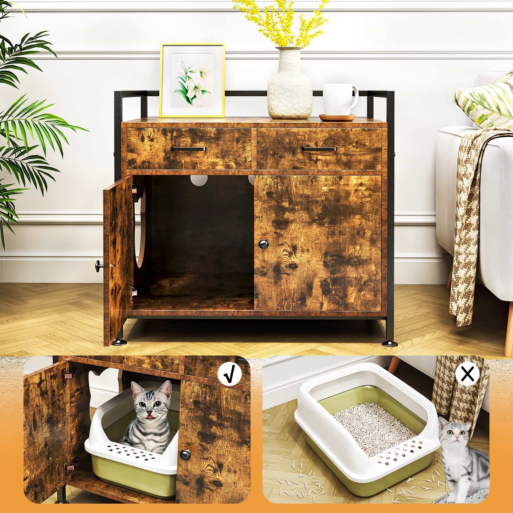 Tc-Homeny Cat Litter Box Enclosure Furniture Storage Cabinet For Living Room