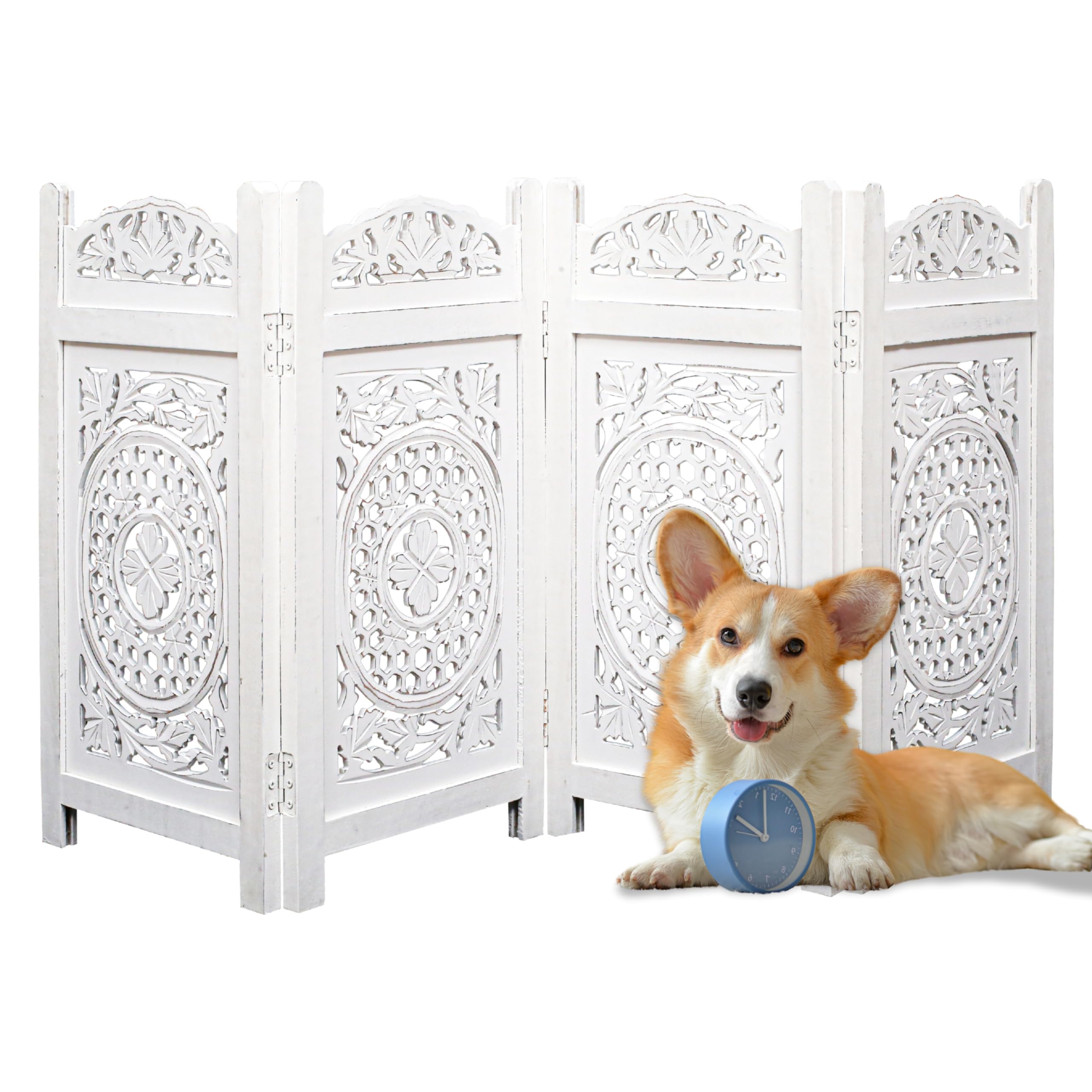 Dog Safety Gate - 4 Panels 56' Wx28 H- Hand Carved Solid Wood And Mdf Head Oval Mulsory Wooden Foldable - Free Standing Portabl