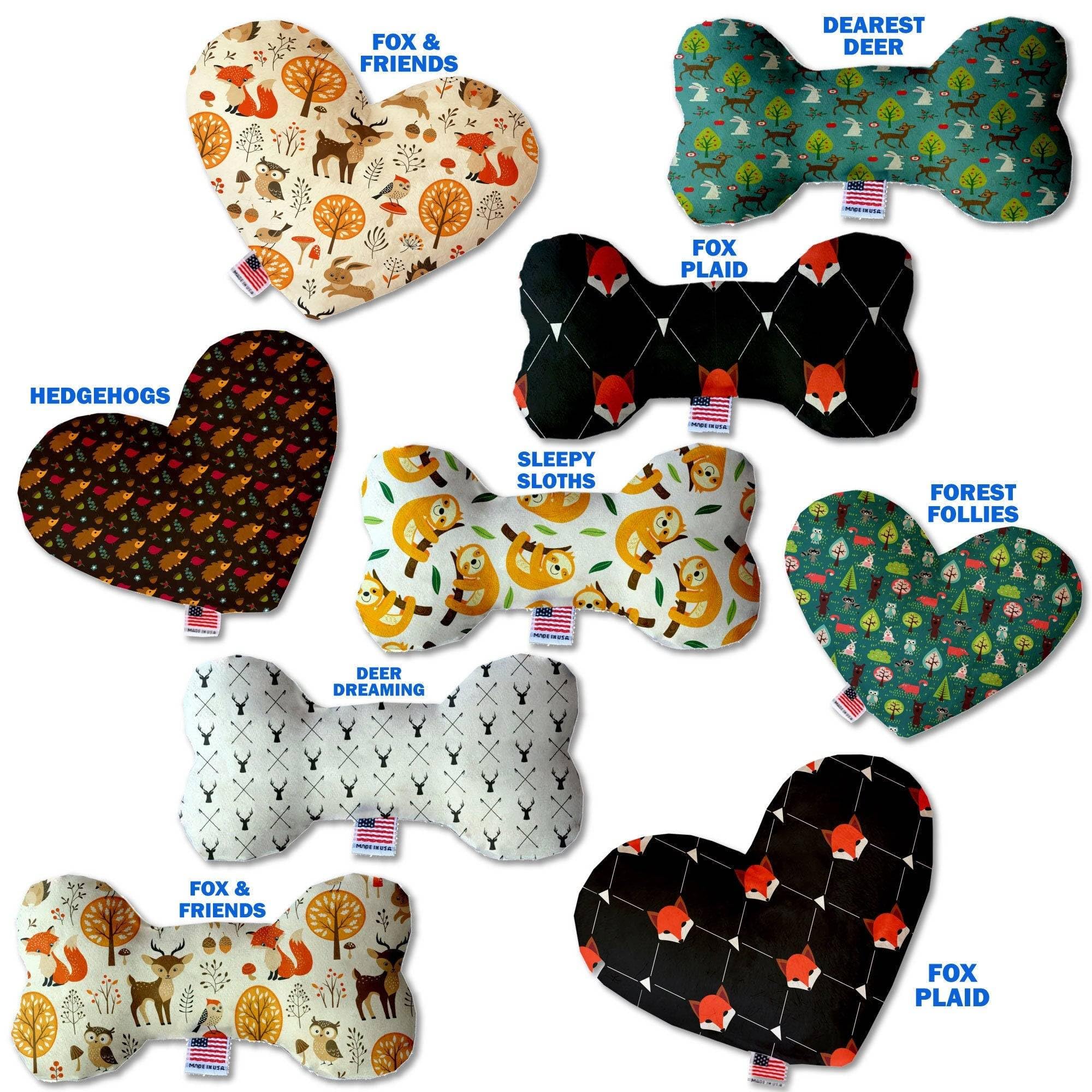 Pet and Dog Plush Heart or Bone Toy, "Forest Friends Group" (Available in different sizes, and 7 different pattern options!) Fox & Friends 6" Heart