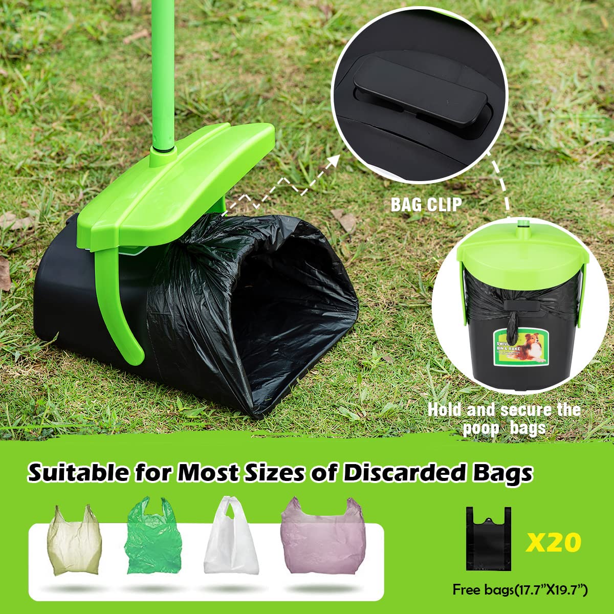 MXF Pooper Scooper Kit with 36.6" Adjustable Handle, Green - Includes Swivel Bin, Rake, and 20 Waste Bags for Dogs