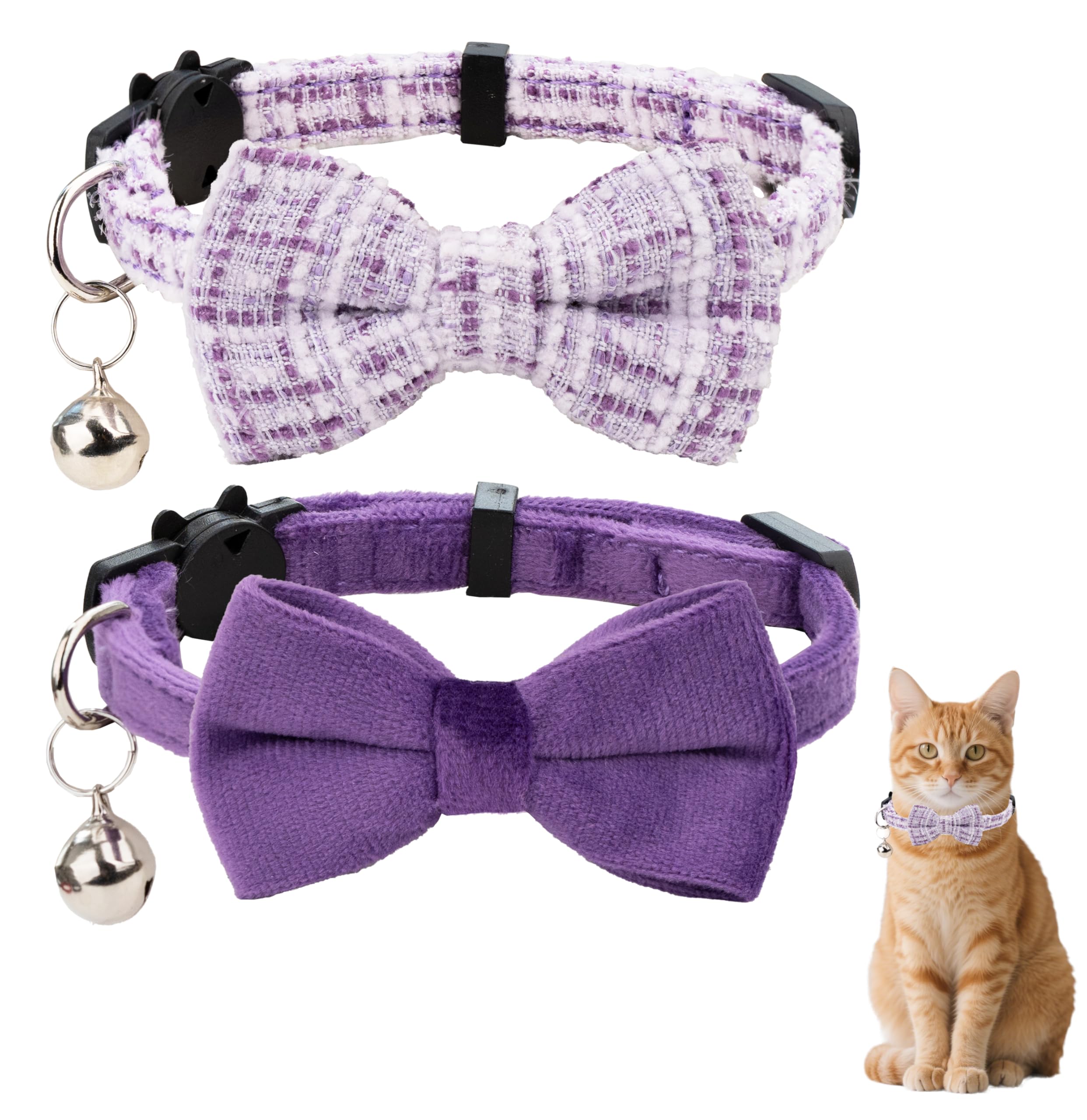Gyapet Cat Collar Breakaway With Bell Boy Girl Kitten Bow Tie Safety Plaid Solid Color Set Cute Soft Summer B-[2Pcs] Purple