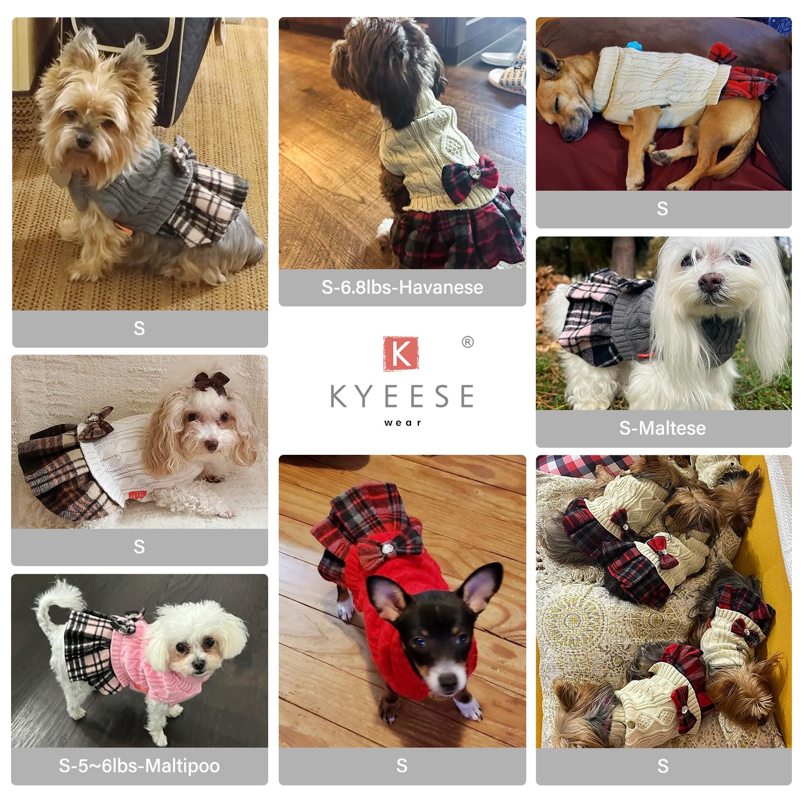 Kyeese Dog Sweater With Bowtie Buffalo Check For Small Dogs Male Turtleneck Pullover Dress Knitwear Clothes Coats Puppy, White,