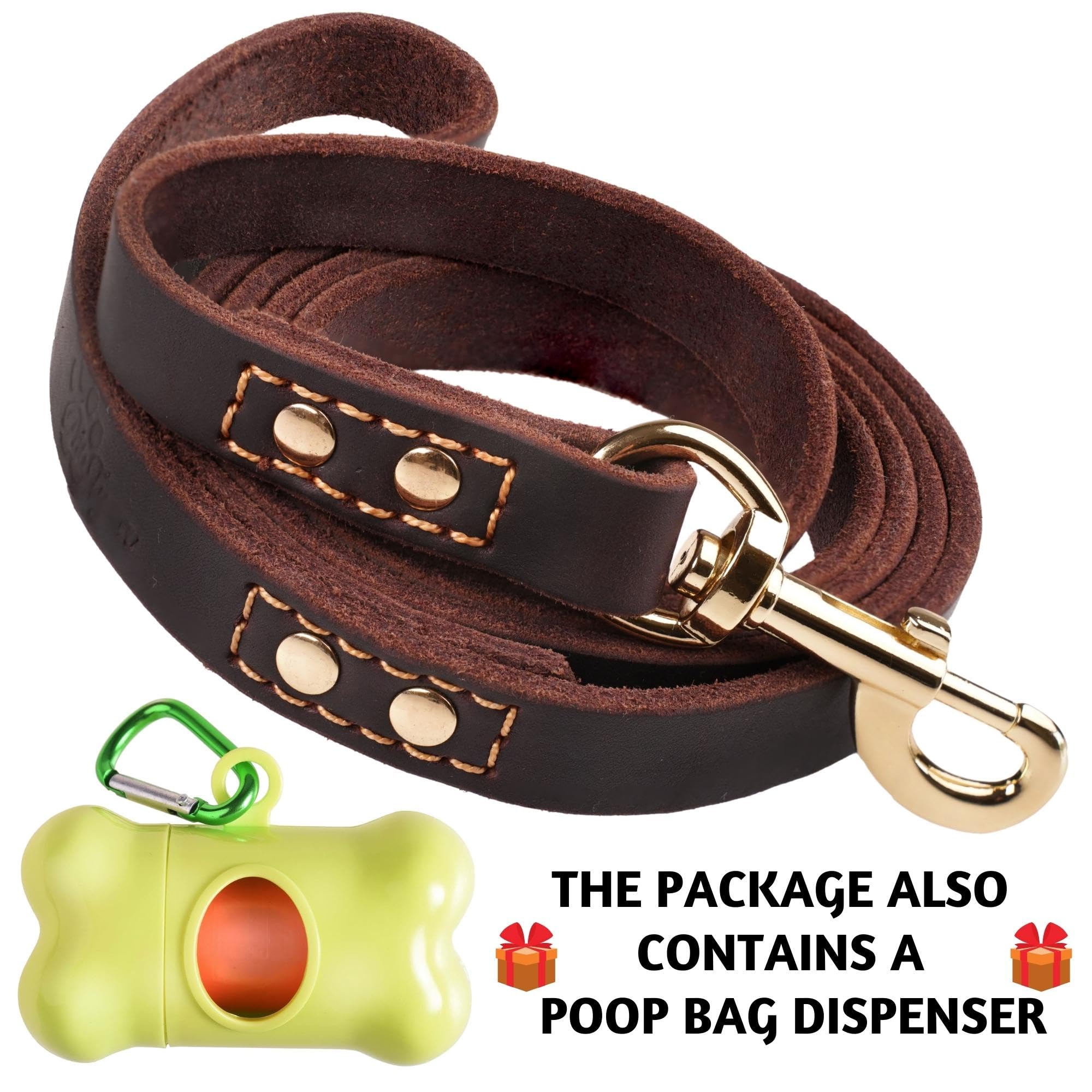 Leather Dog Leash 6 Ft X 3/4 Inch - Soft, Strong, Heavy Duty For Large & Medium Breeds - Dog Lead For Walking (Brown - Gold Colo