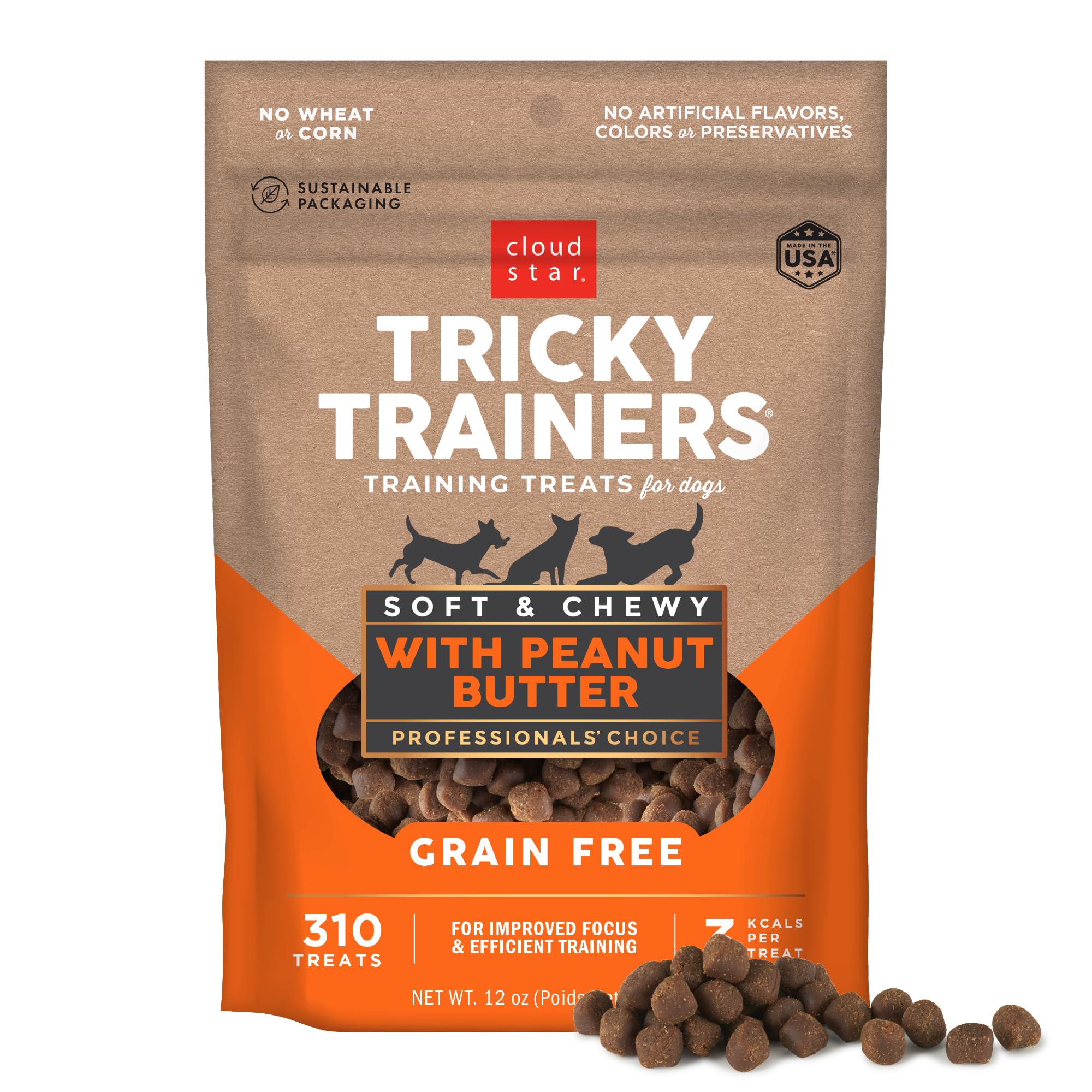 Cloud Star Tricky Trainers Soft & Chewy Dog Training Treats 12 oz Pouch, Peanut Butter Flavor, Grain-Free Low Calorie Behavior A