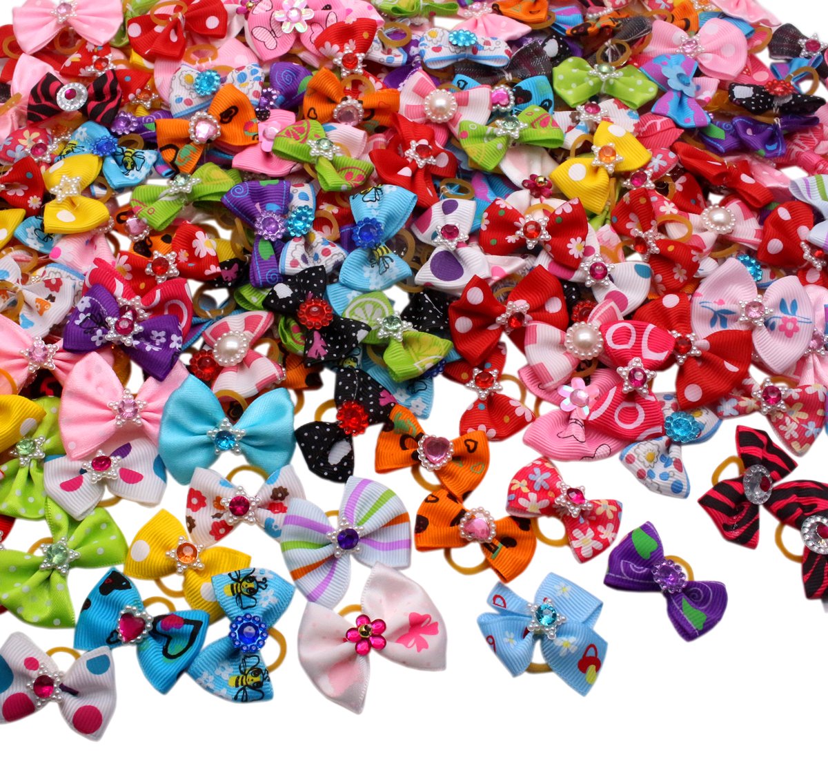 Yoy 50 Pcs Adorable Grosgrain Ribbon Pet Dog Hair Bows With Elastic Rubber Bands - Doggy Kitty Topknot Grooming Accessories Set 