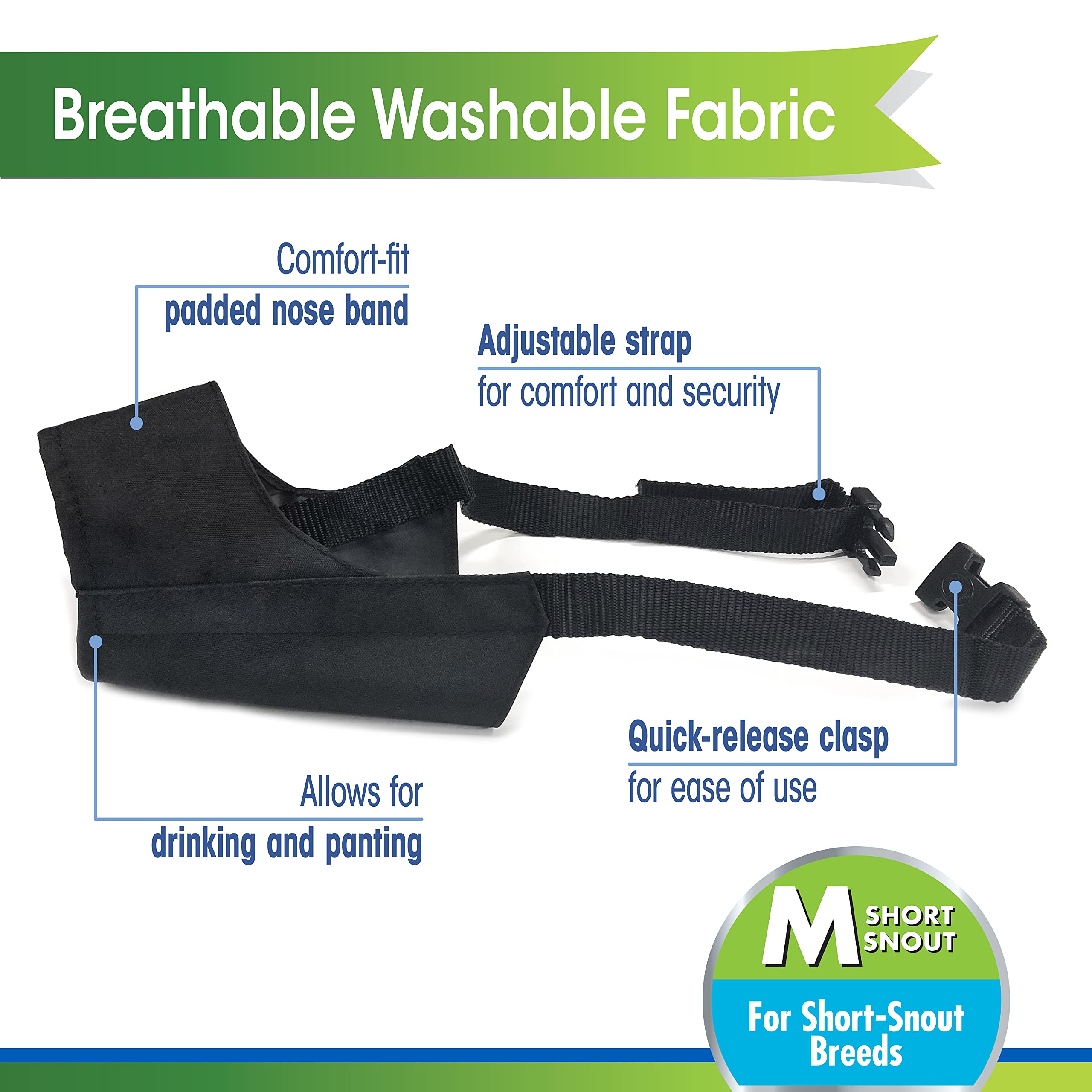 Four Paws Walk-About Quick-Fit Short Snout Adjustable Dog Muzzle For Medium Dogs, Washable & Breathable, Black, 1 Count