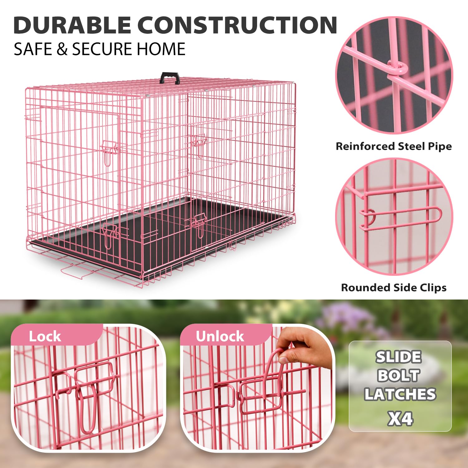 Home For Pets Dog Crate Cage Extra Folding Large Double Door Pet Crate,Includes Divider And Tray,48,Pink