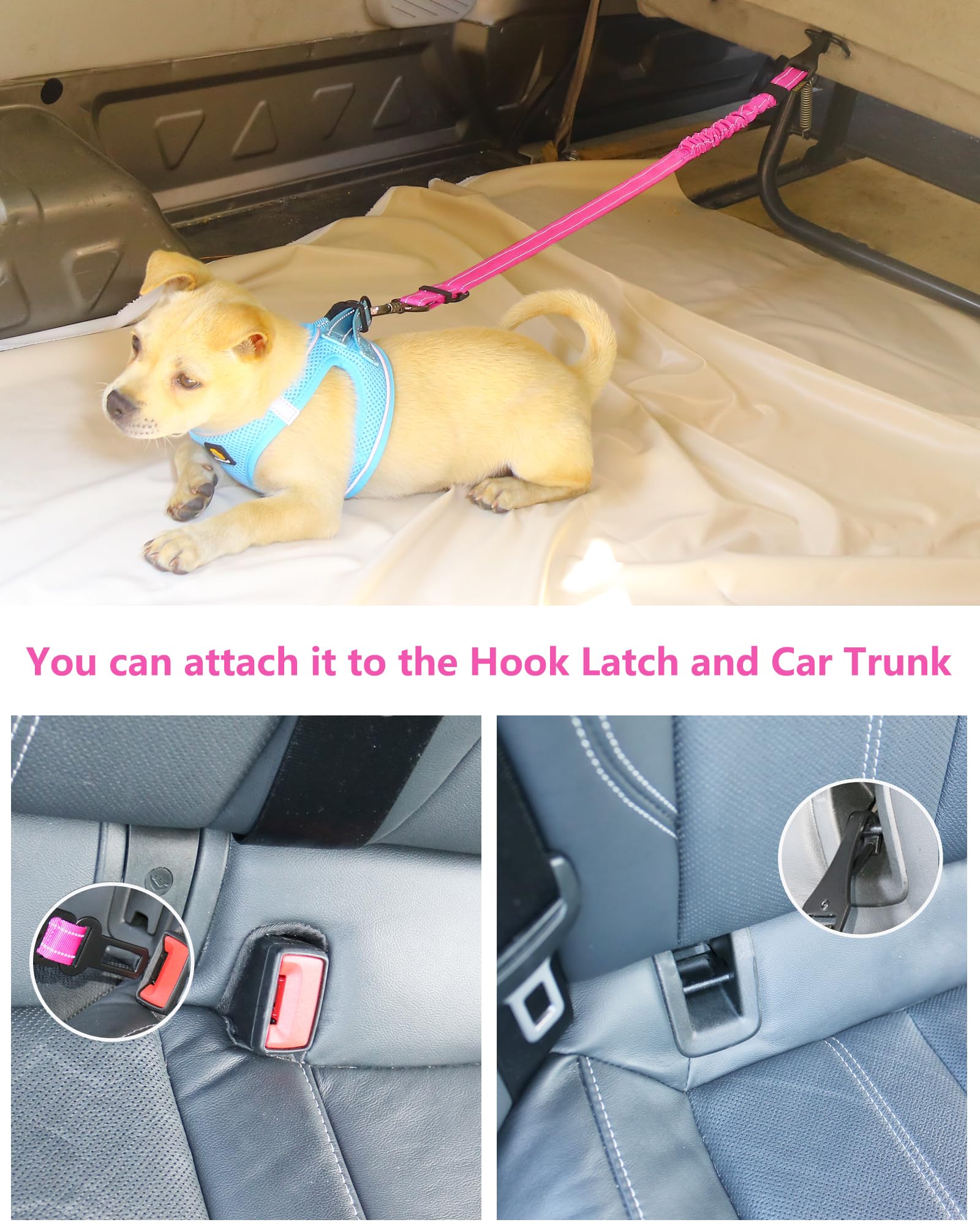 Aubell Dog Seat Belt For Car,Updated 3-In-1 Adjustable Reflective Bungee Heavy Duty Dog Car Harness Tether With Clip Hook Latch