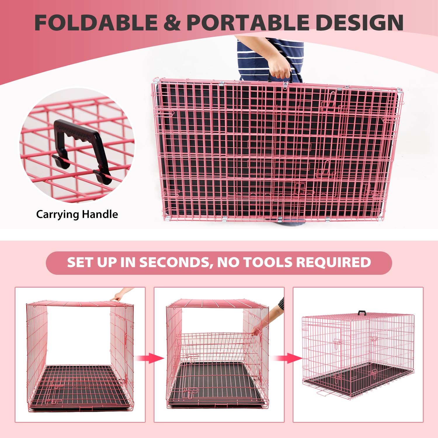 Home For Pets Dog Crate Cage Extra Folding Large Double Door Pet Crate,Includes Divider And Tray,48,Pink