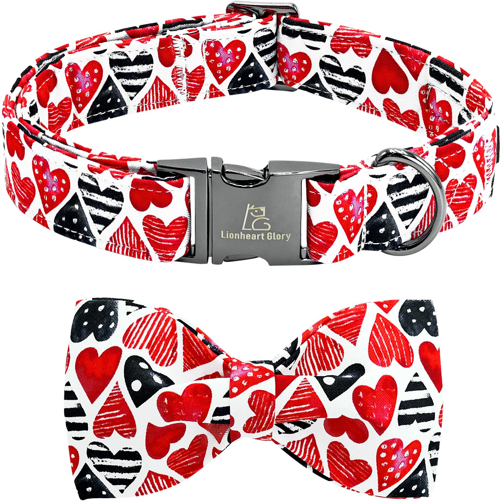 Lionheart Glory Dog Bow Collar Valentine'S Day Dog Collar For Small Dogs Red Hearts Print Dog Collar With Bowtie Spring Dog Coll