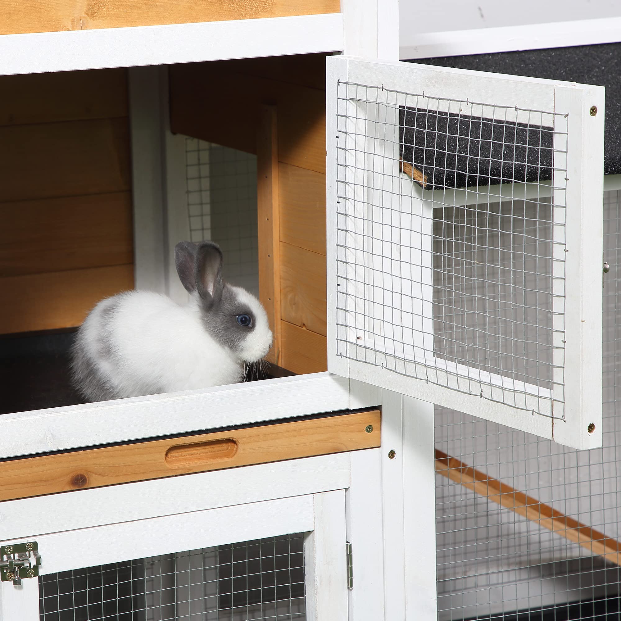 PawHut 62 Rabbit Hutch, Wooden Bunny Hutch, Guinea Pig Cage, Small Animal Enclosure with Run Area, Removable Tray, Asphalt Roof,