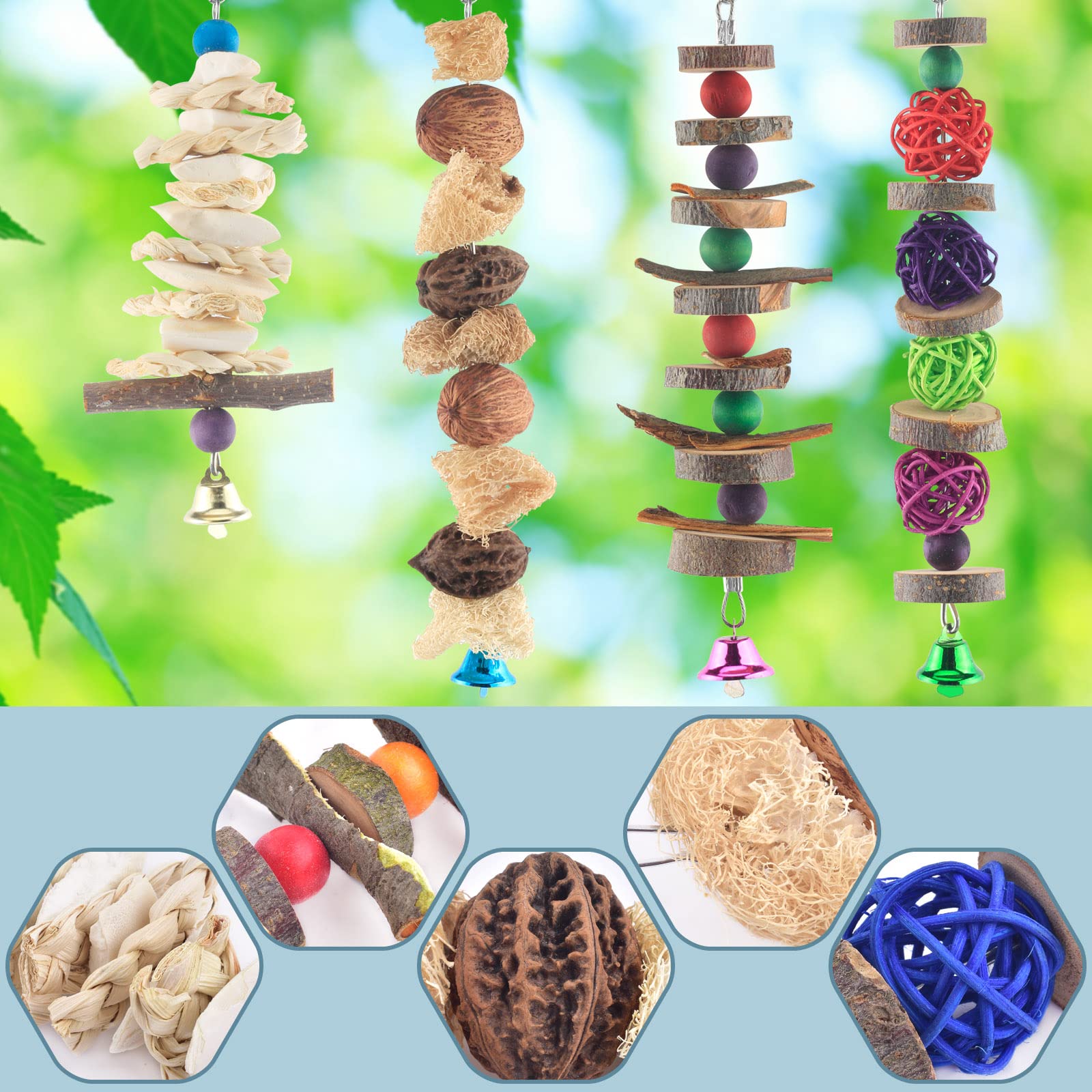 Bissap Bird Chew Toys, 5 Packs Parakeet Natural Wood Toys Parrot Hanging Cage Toy Bird Perch Stand for Small Bird Conure Cockati