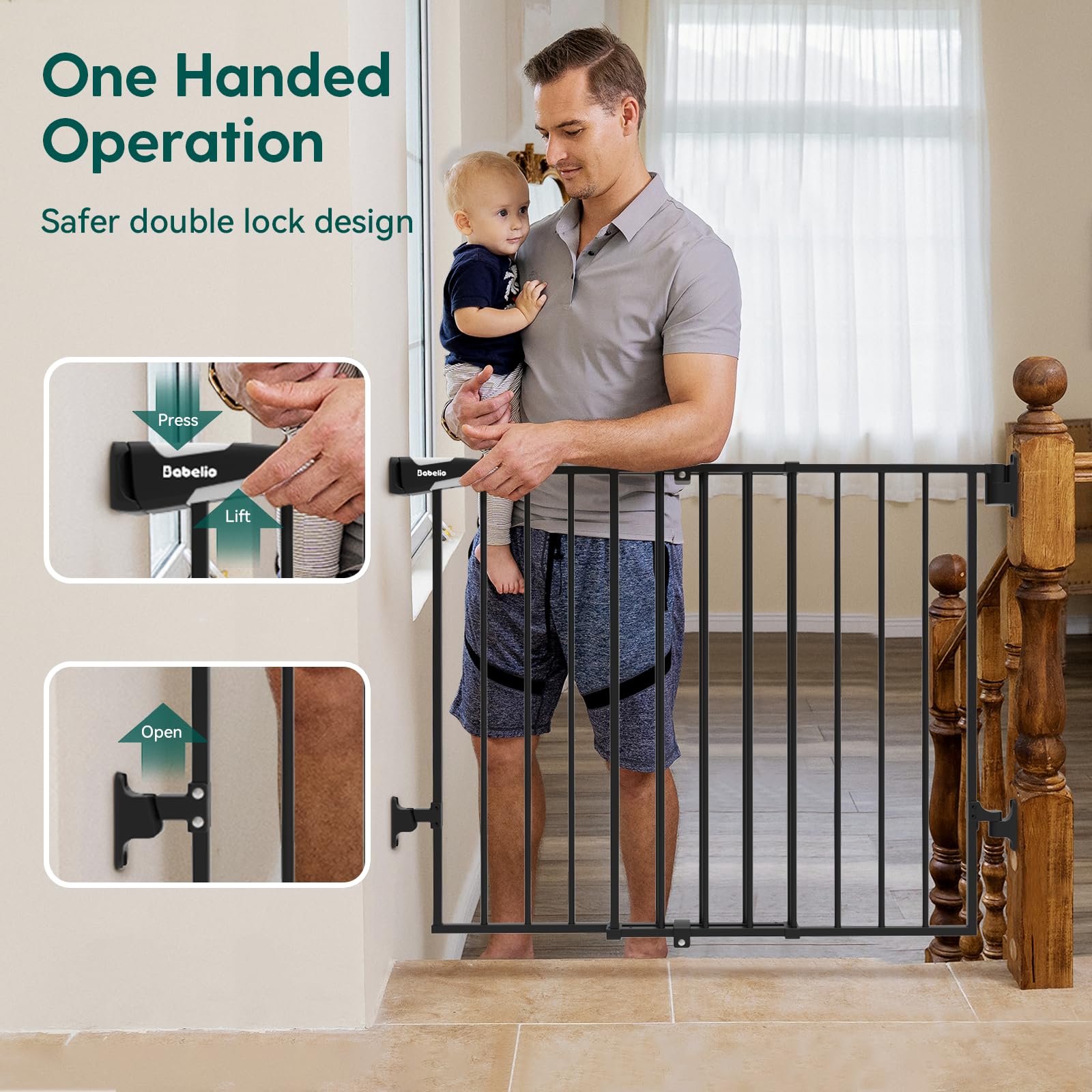 Babelio 26-43' No Bottom Bar Baby Gate For Babies, Elders And Pets, 2-In-1 Hardware Mount Dog Gate For The House, Stairs And Doorways, With Large Walk Thru Door, Black