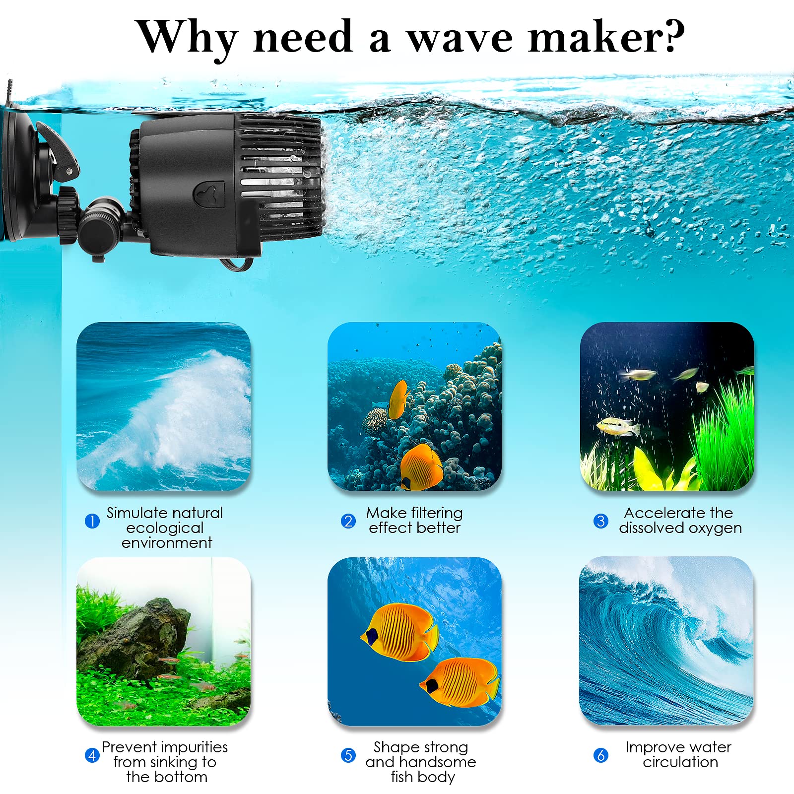 Aqqa Aquarium Wave Maker,8W/12W/20W/25W Suction Cup Fish Tank Double Powerhead Pump，110V/60Hz Ultra Quiet Submersible Circulation Pump,360°+180°Adjustable For Freshwater Saltwater