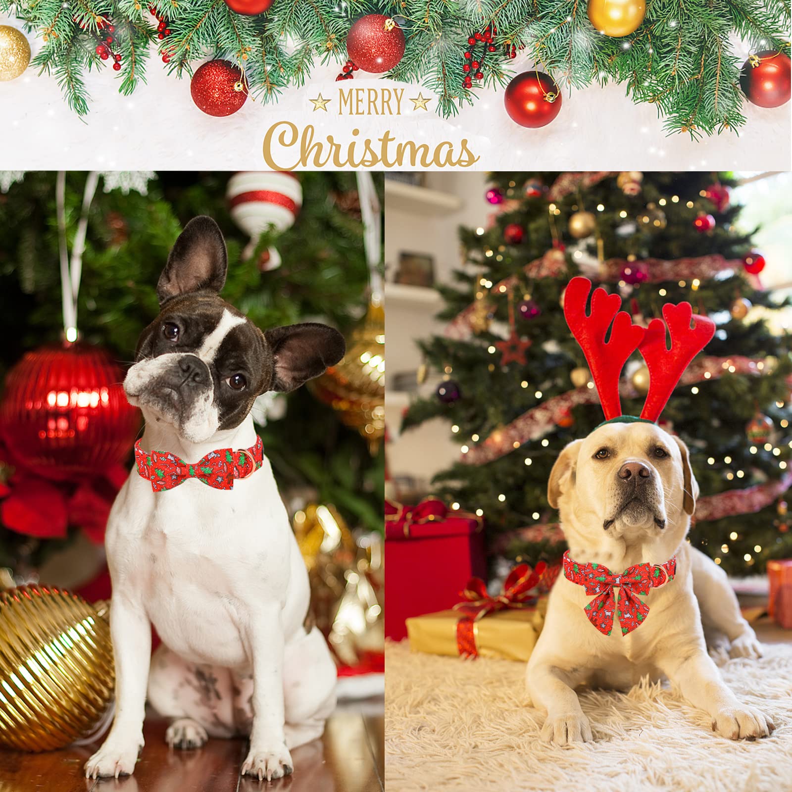 Aring Pet Christmas Dog Collar, Cotton Red Dog Collar With Bow, Adjustable Christmas Tree Bowtie Dog Collar With Metal Buckle Fo