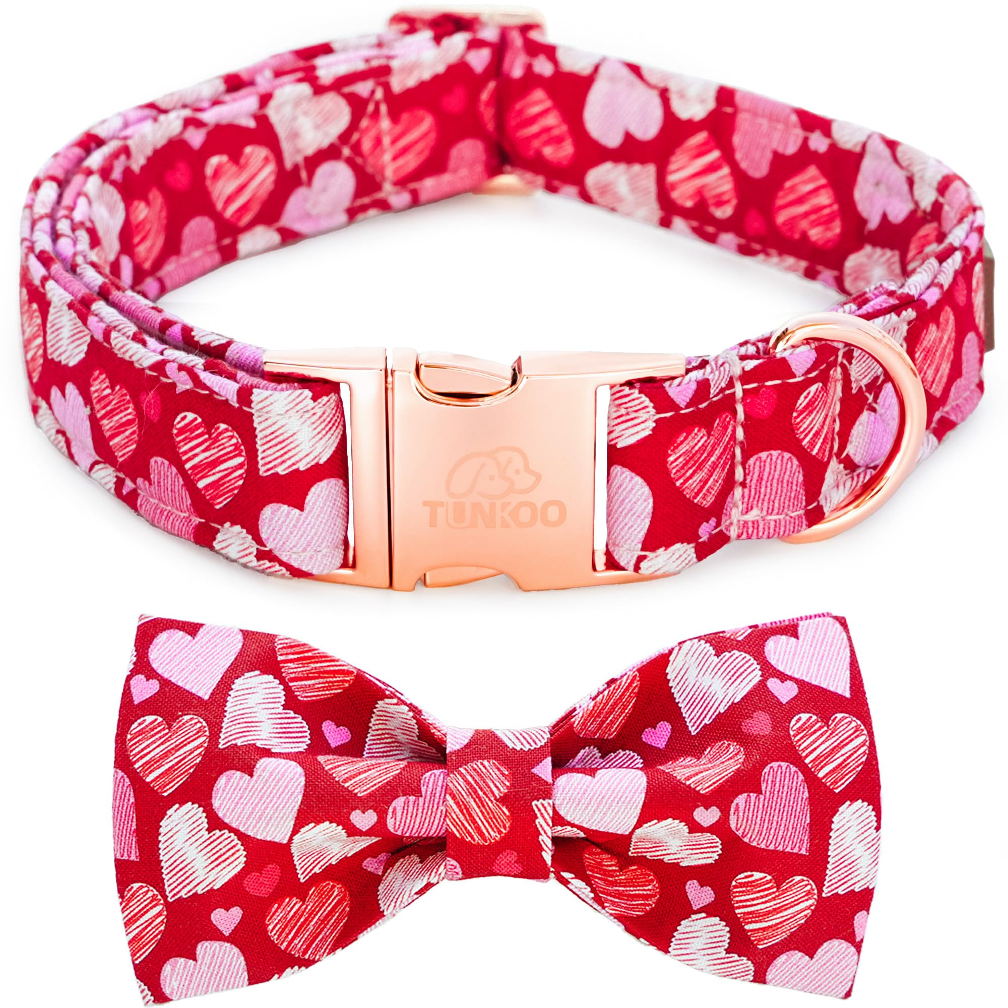 Tunkoo Valentine'S Day Dog Collar With Bow - Adjustable, Heart Print Design, Rose Gold Metal Buckle Cute & Stylish Pet Accessory